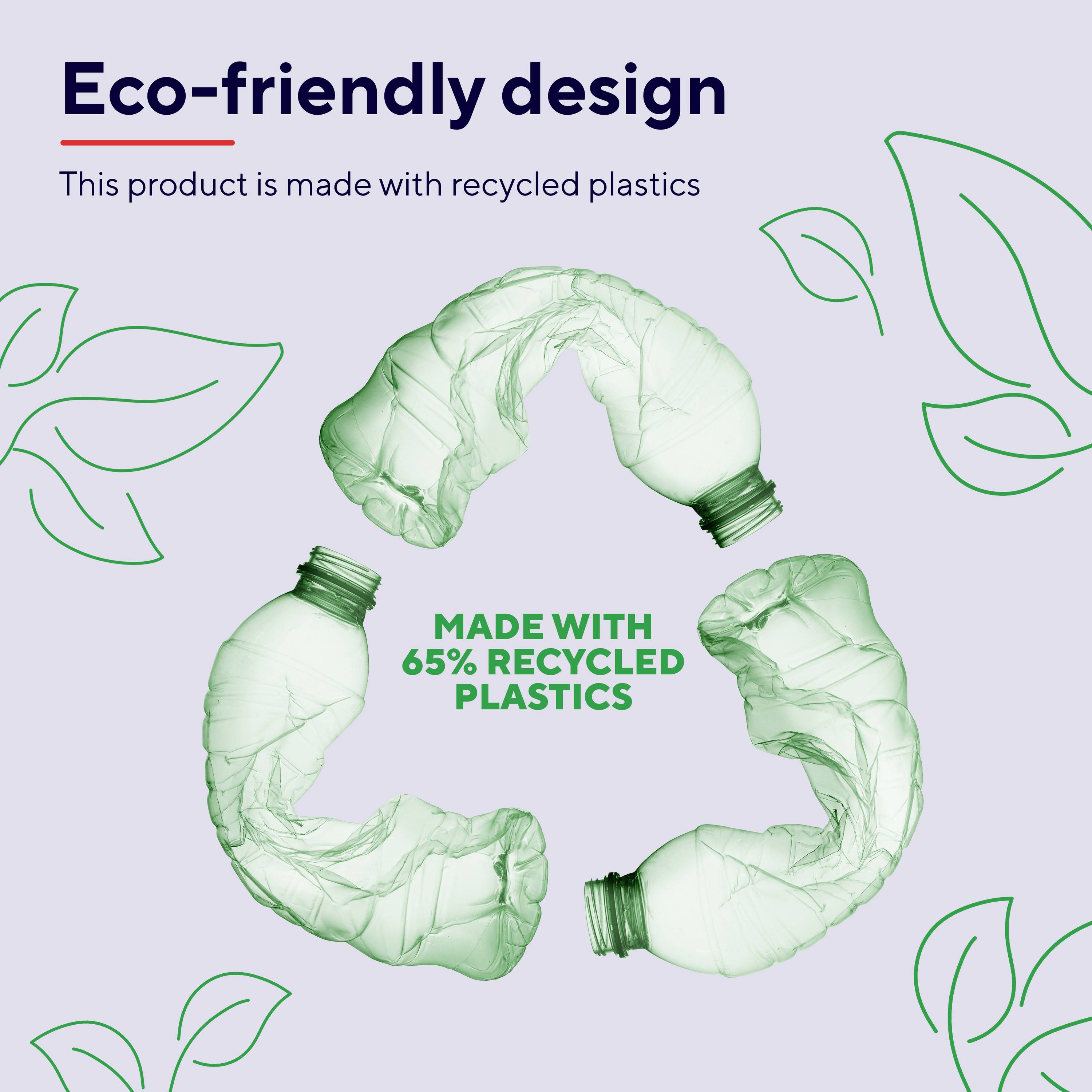'Drei grüne Plastikflaschen in Recycling-Symbol-Formation. Text: 