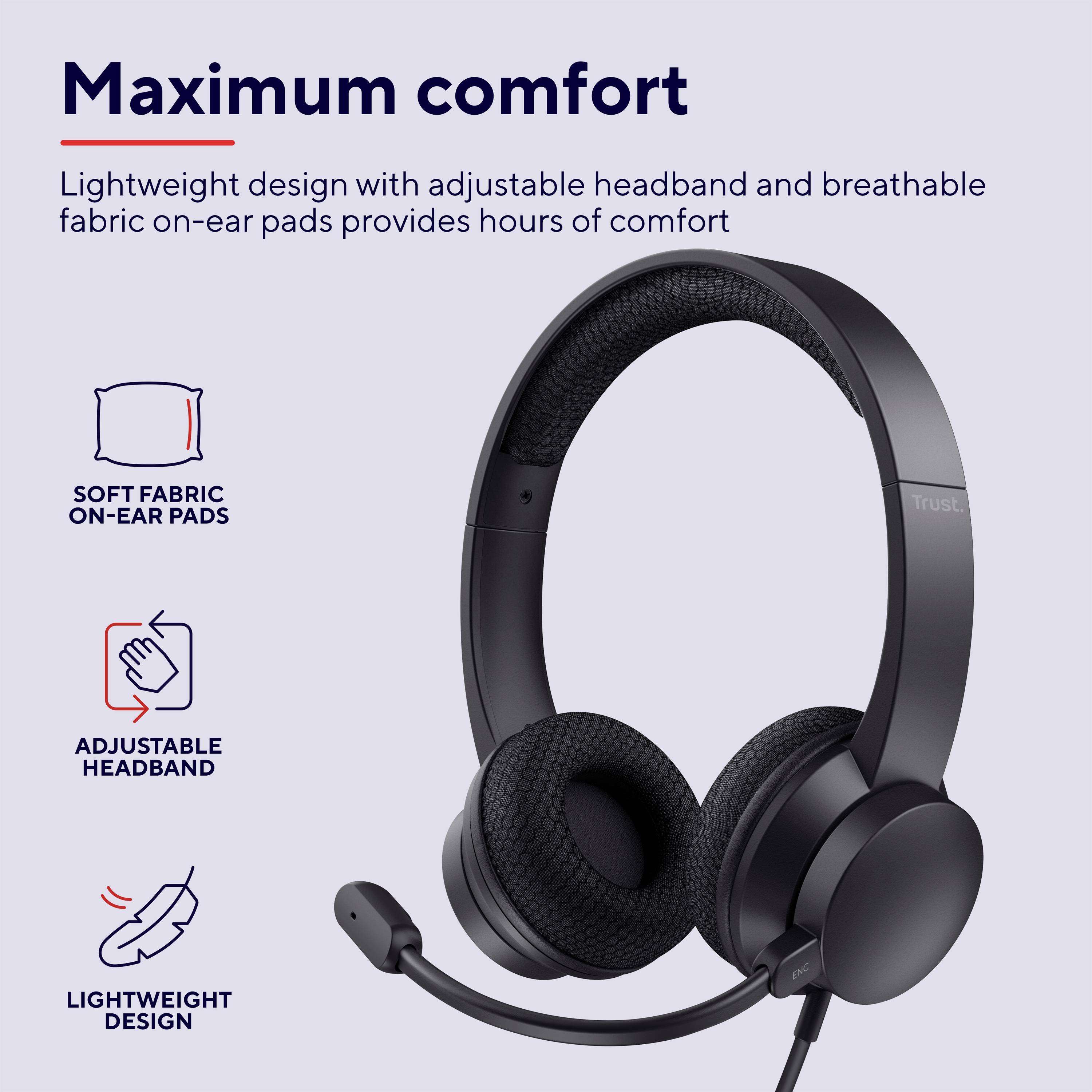 Schwarzer On-Ear-Kopfhörer mit verstellbarem Kopfband und atmungsaktiven Ohrpolstern. Text: 'Maximum comfort', 'Soft fabric', 'Adjustable headband', 'Lightweight design'.