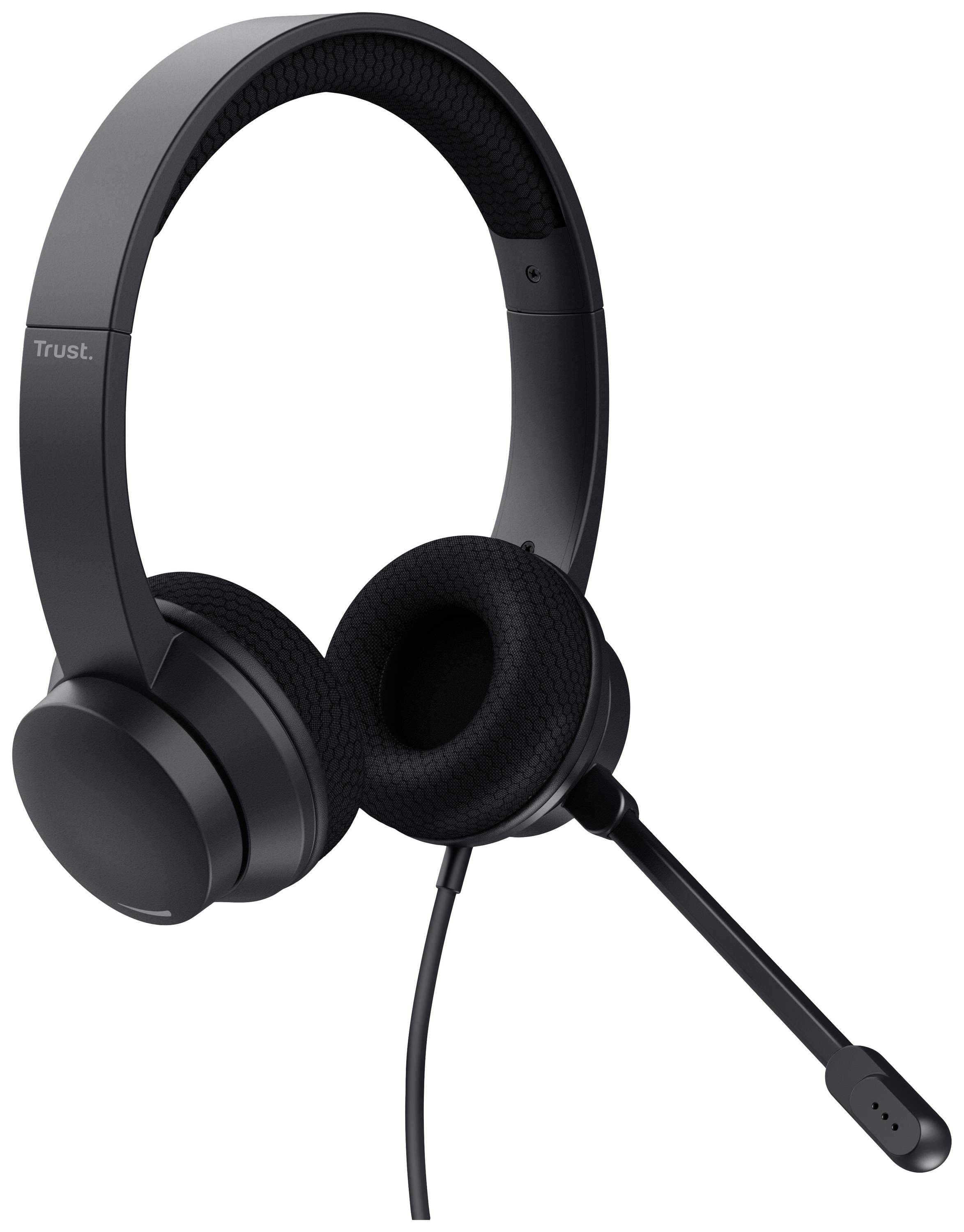 Schwarzes Headset mit Mikrofon, geeignet für Telefon- oder Online-Kommunikation. Das Design ist schlicht und funktional.