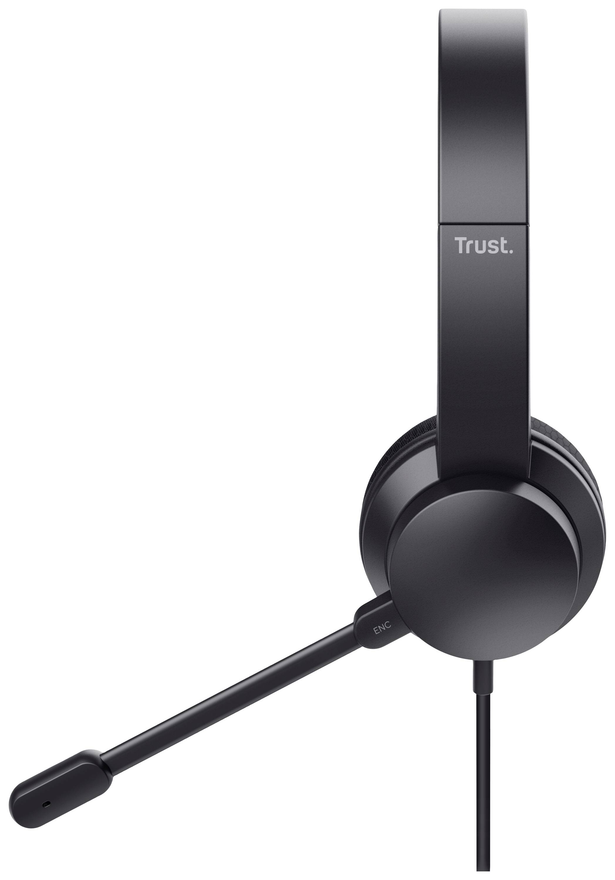 Schwarzes, kabelgebundenes Headset mit Mikrofon an der linken Seite, Markenname 'Trust' auf dem Kopfbügel sichtbar.