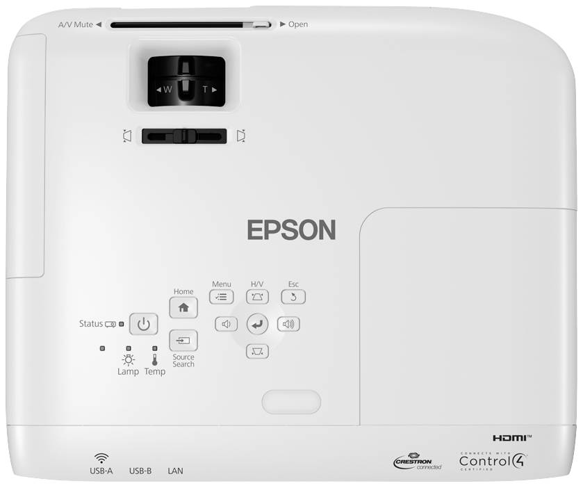 Ein weißer Epson-Projektor mit Bedienknöpfen auf der Oberseite, einschließlich Lautstärkeregelung und Statusanzeige.