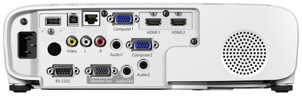 Rückansicht eines Projektors mit Anschlüssen: HDMI, VGA, Audio, Video, RS-232C und USB. Lautsprecher auf der rechten Seite.
