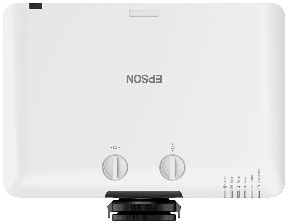 Ein weißer Epson-Projektor ist von oben zu sehen. Er hat zwei Drehknöpfe und verschiedene Anschlussoptionen auf der rechten Seite.