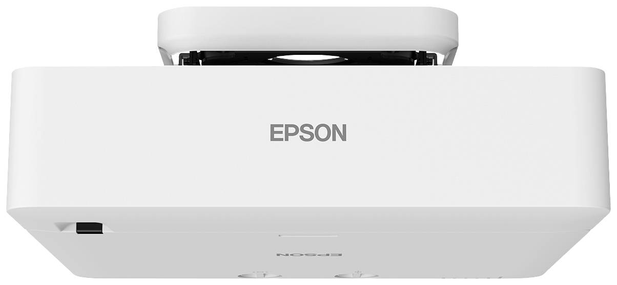 Weißer Epson-Projektor in minimalistischem Design, ideal zur Deckenmontage in Konferenzräumen oder Klassenzimmern.