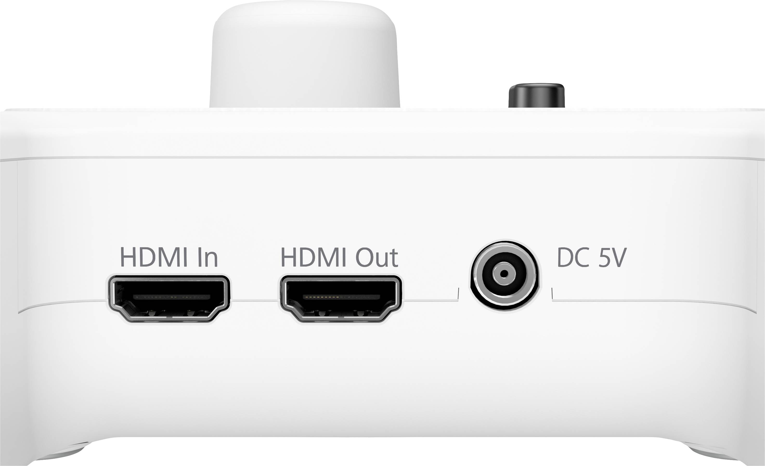 Vorderansicht eines weißen elektronischen Geräts mit HDMI In, HDMI Out und DC 5V Anschlüssen.