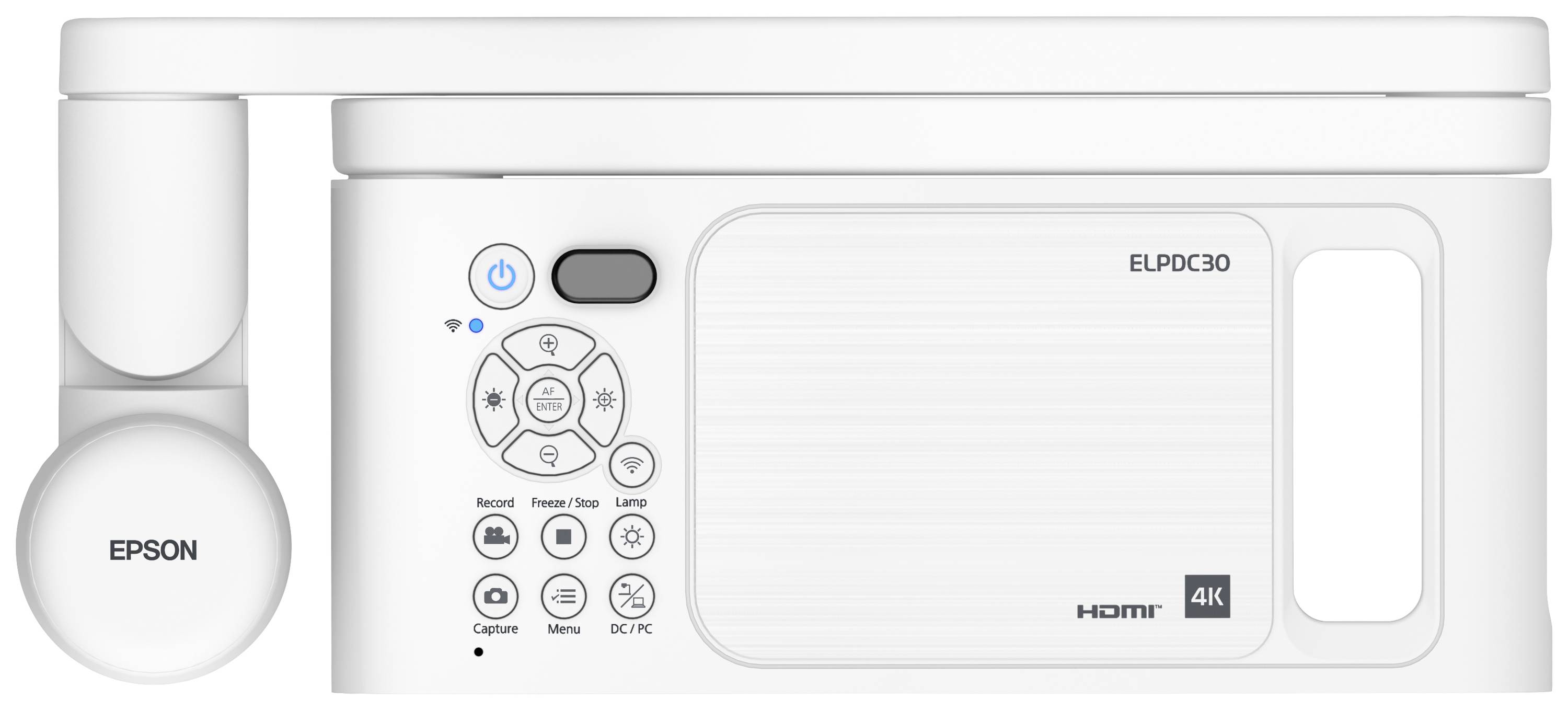 Ein weißer Epson-Beamer mit HDMI- und 4K-Logo. Die Bedienelemente sind sichtbar, einschließlich Power- und Menü-Tasten.