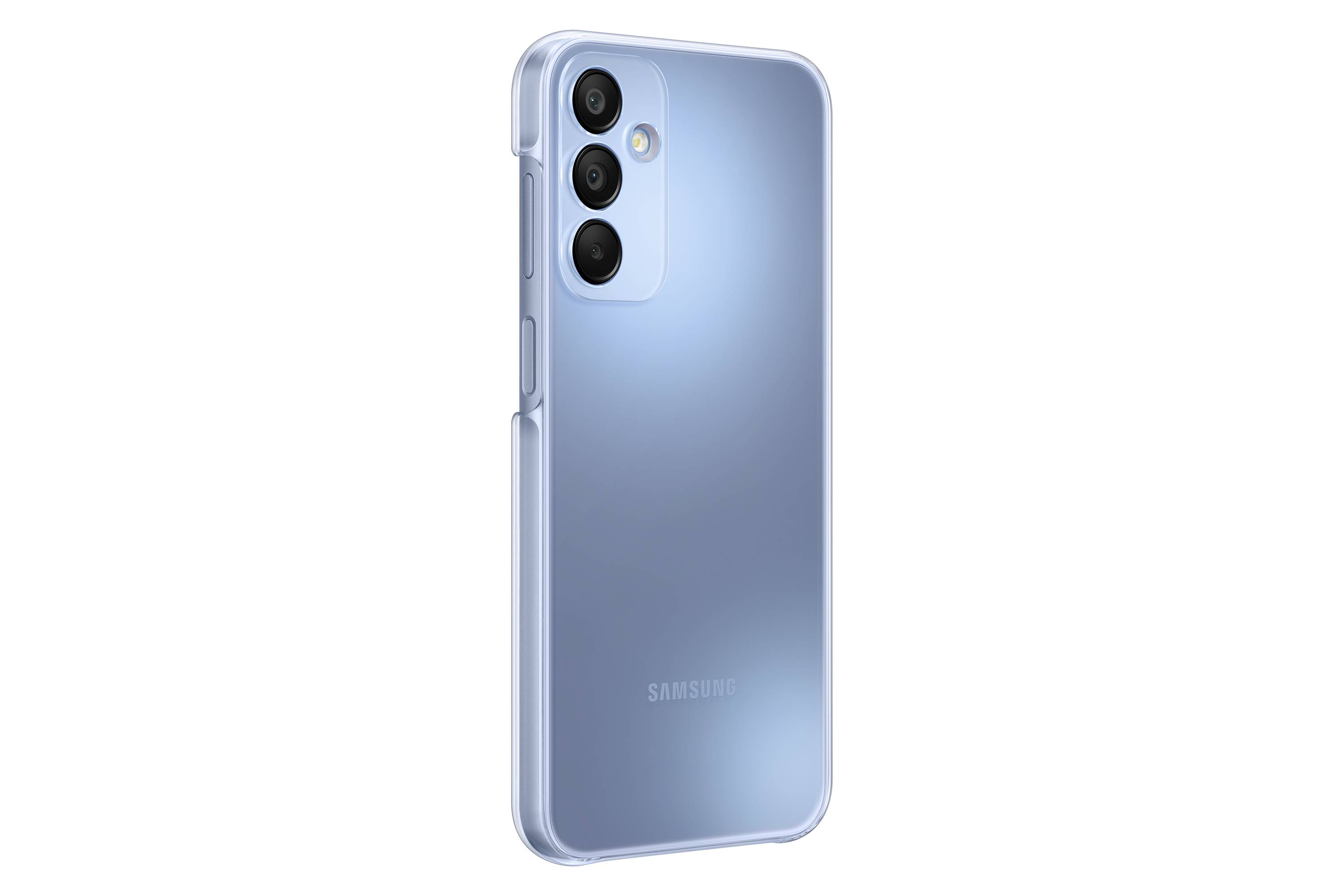 Ein Smartphone mit drei Kameras auf der Rückseite, blaues Gehäuse, Marke Samsung.
