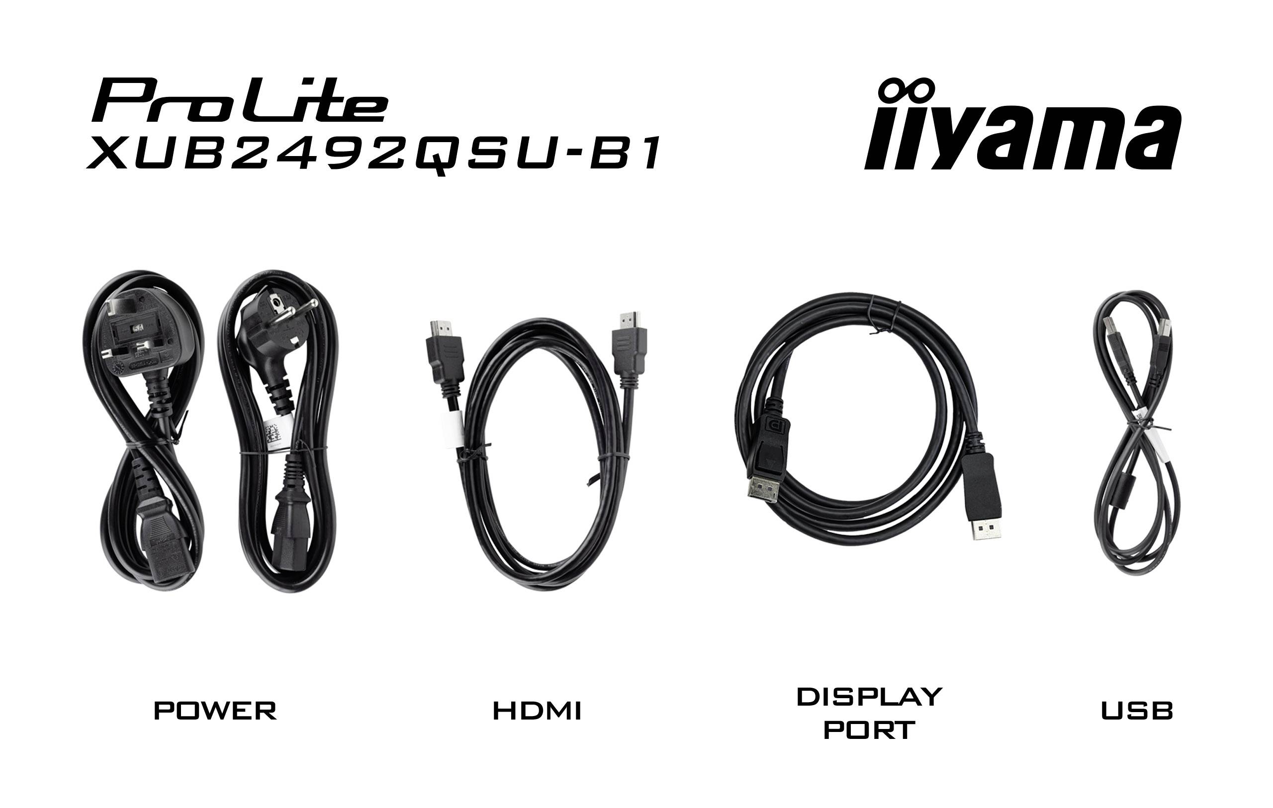 'ProLite XUB2492QSU-B1' Monitor-Zubehör: Stromkabel, HDMI-Kabel, DisplayPort-Kabel, USB-Kabel, mit iiyama-Logo oben rechts.
