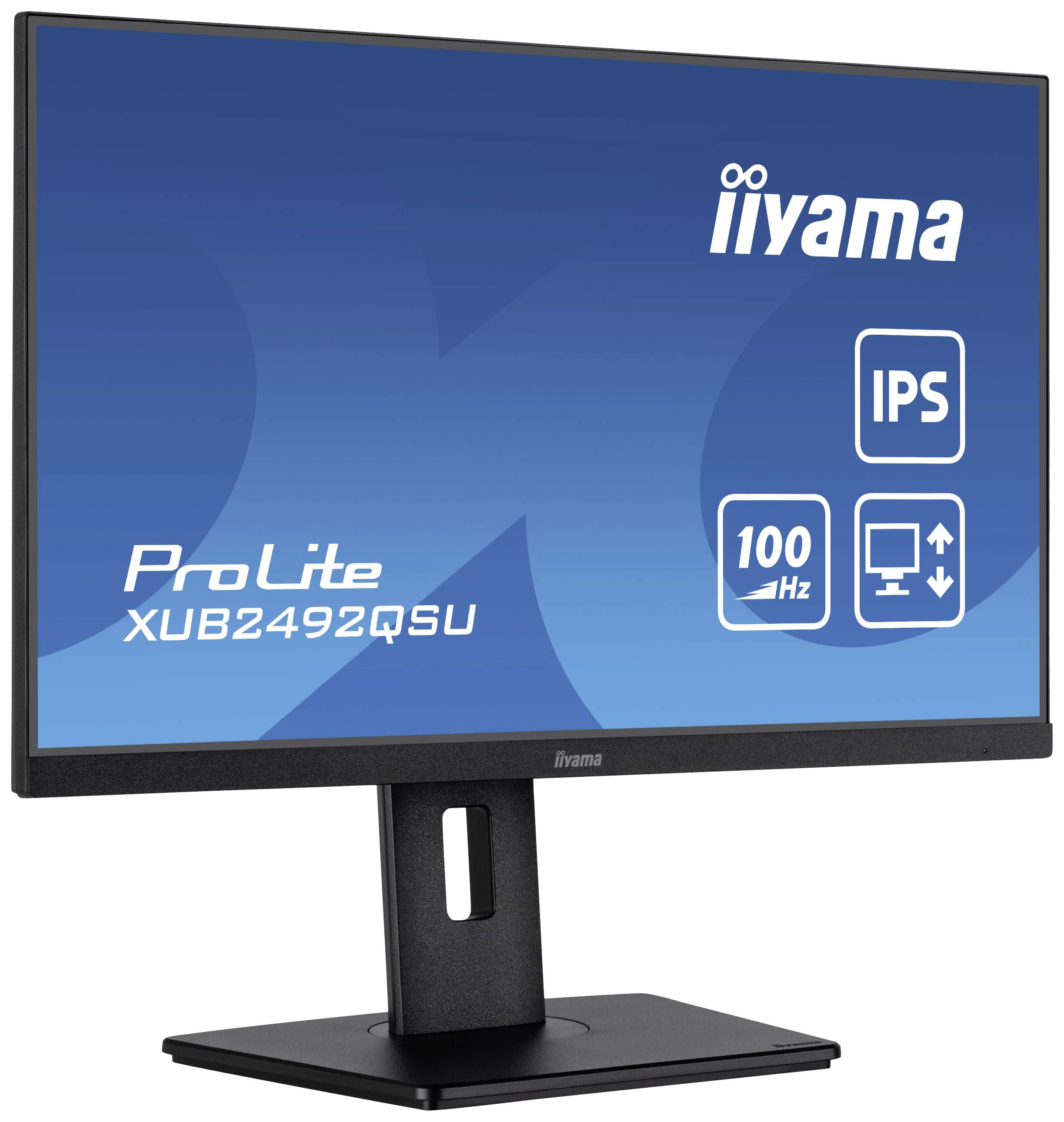 Ein iiyama ProLite XUB2492QSU Monitor mit IPS-Technologie, 100 Hz Bildwiederholrate, schwarzes Gehäuse, auf Ständer montiert.