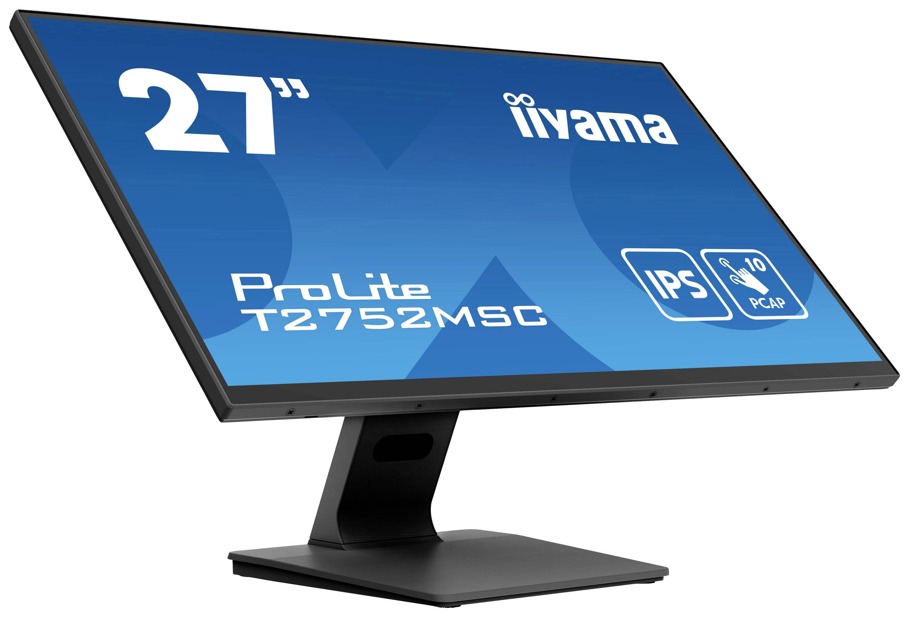 27-Zoll iiyama ProLite T2752MSC Monitor, IPS-Technologie, 10-Punkt-Kapazitiv-Touchscreen. Schwarzes Design mit stabilem Standfuß.