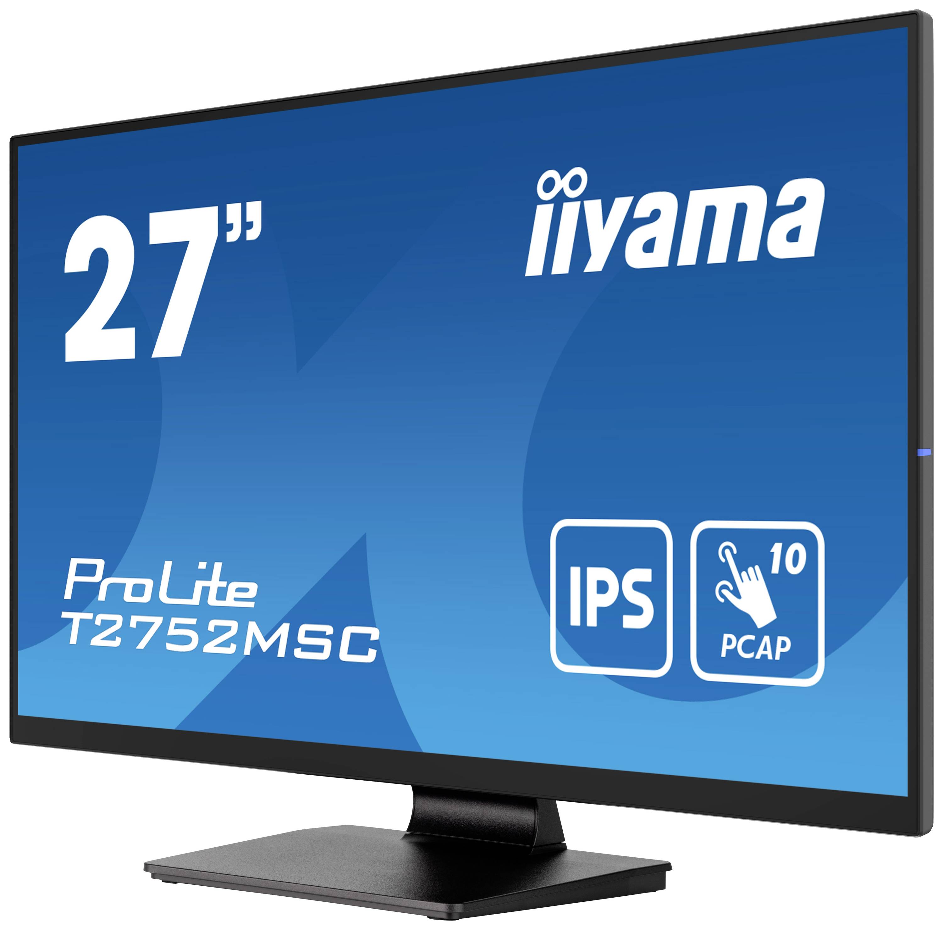 Iiyama 27-Zoll-Monitor mit ProLite T2752MSC Modellnummer. IPS-Technologie und 10-Punkt-Multi-Touch-Funktionalität angezeigt.