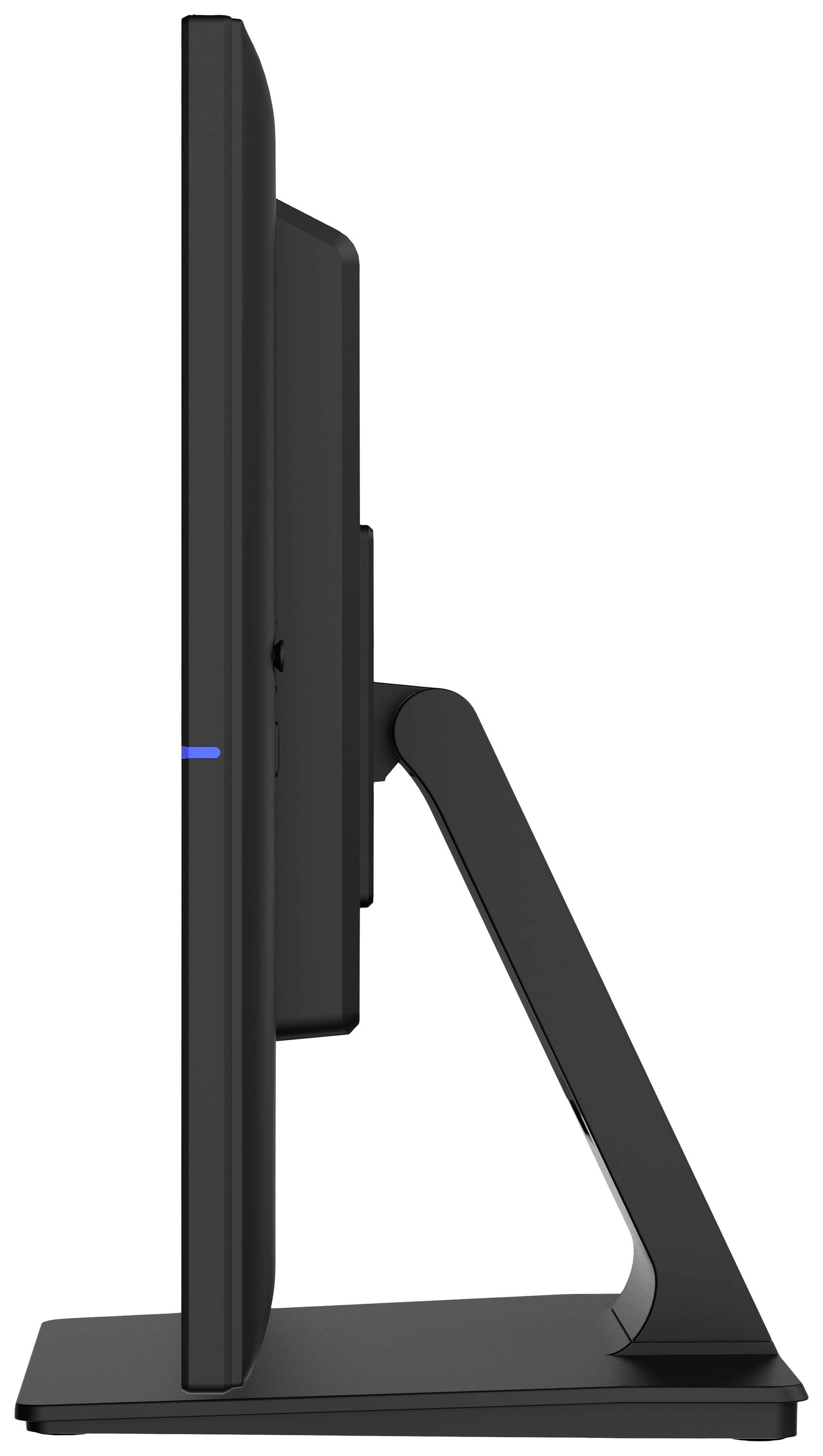 Seitenansicht eines schlanken, schwarzen Computermonitors auf einem Standfuß. Das Design ist minimalistisch und modern.