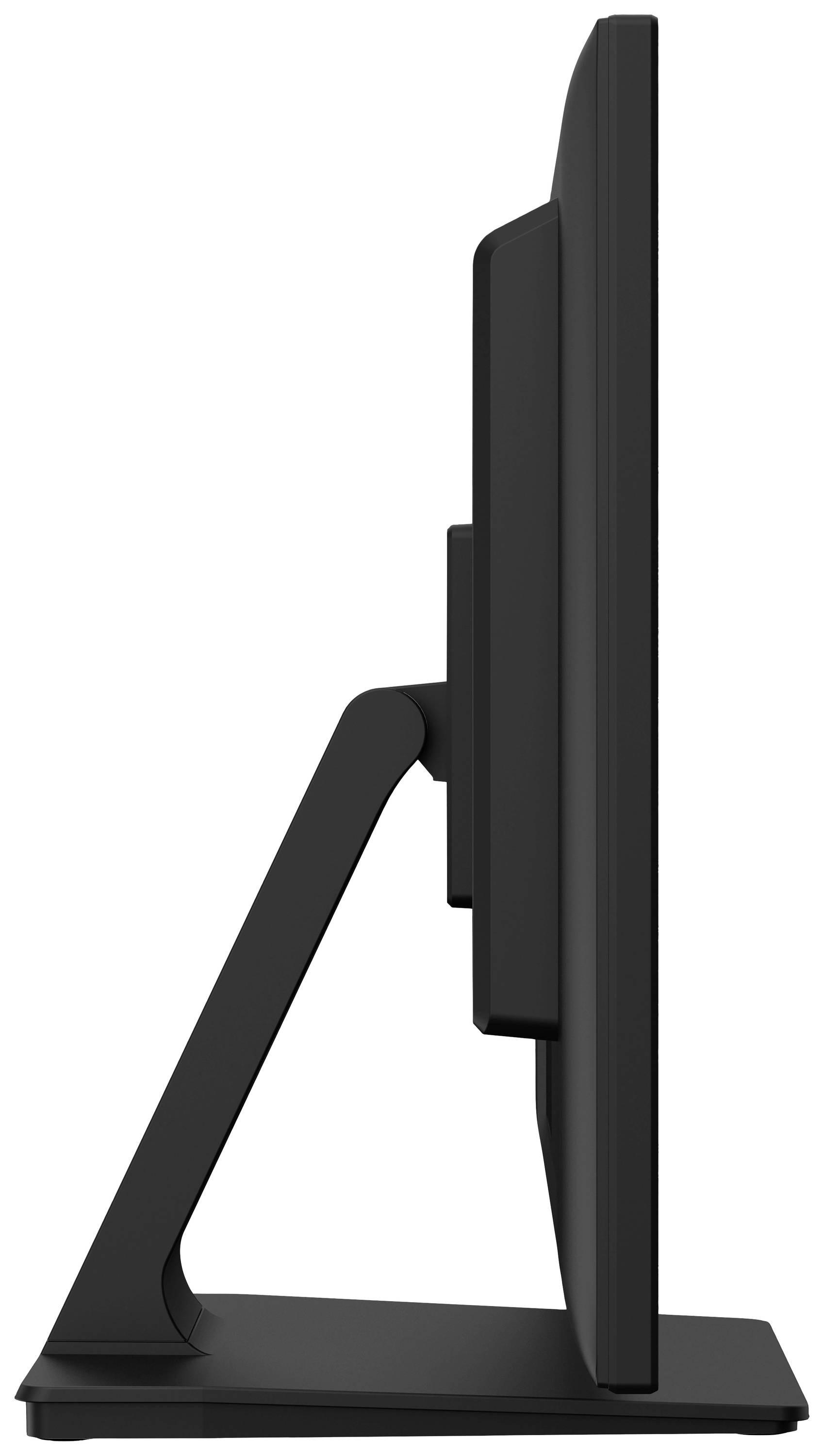 Schwarzer Monitor in Seitenansicht, zeigt schlankes Design und stabiles Standbein.