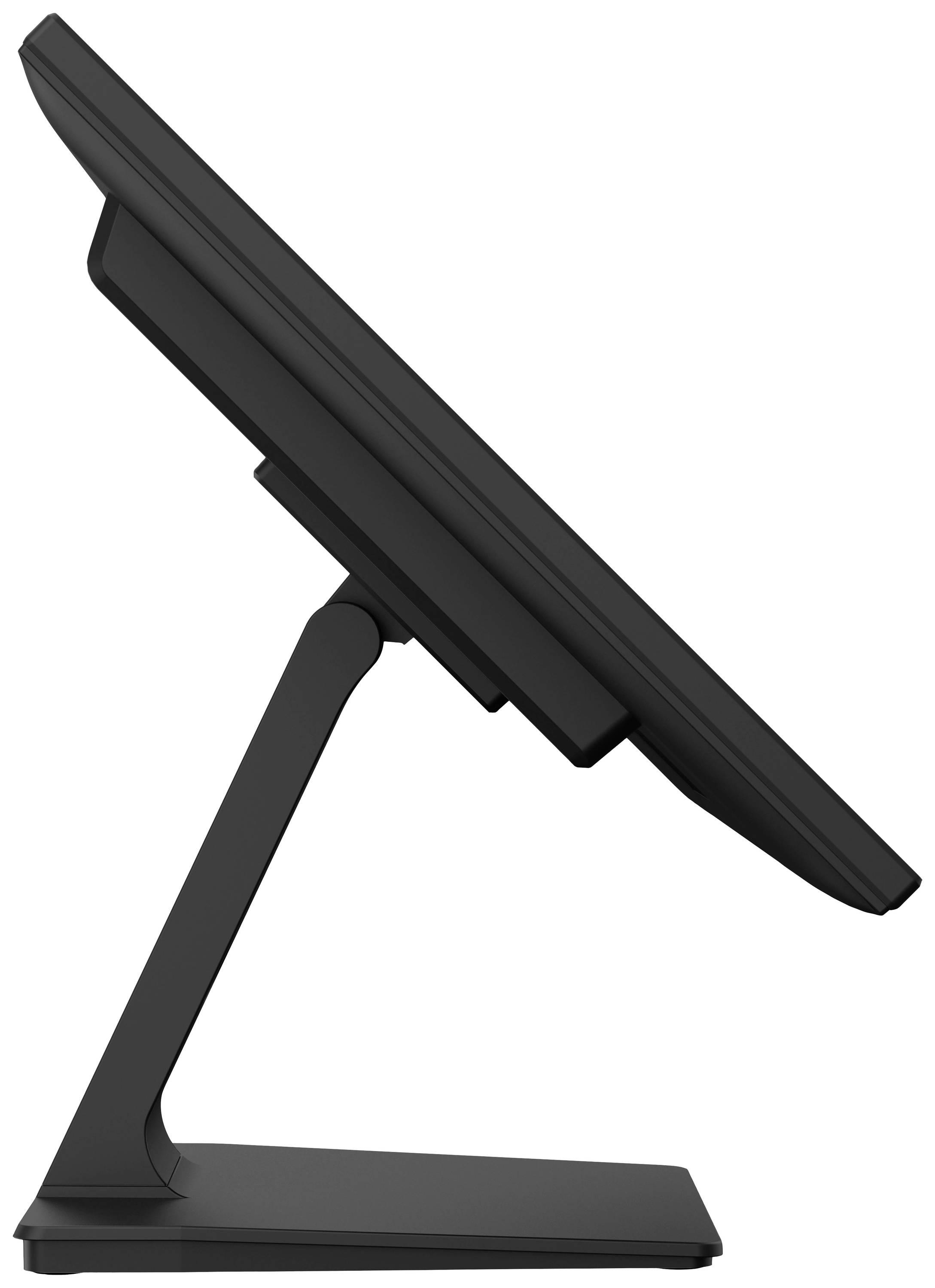 Ein moderner, schräg stehender Monitor auf einem schmalen Standfuß, seitlich betrachtet.