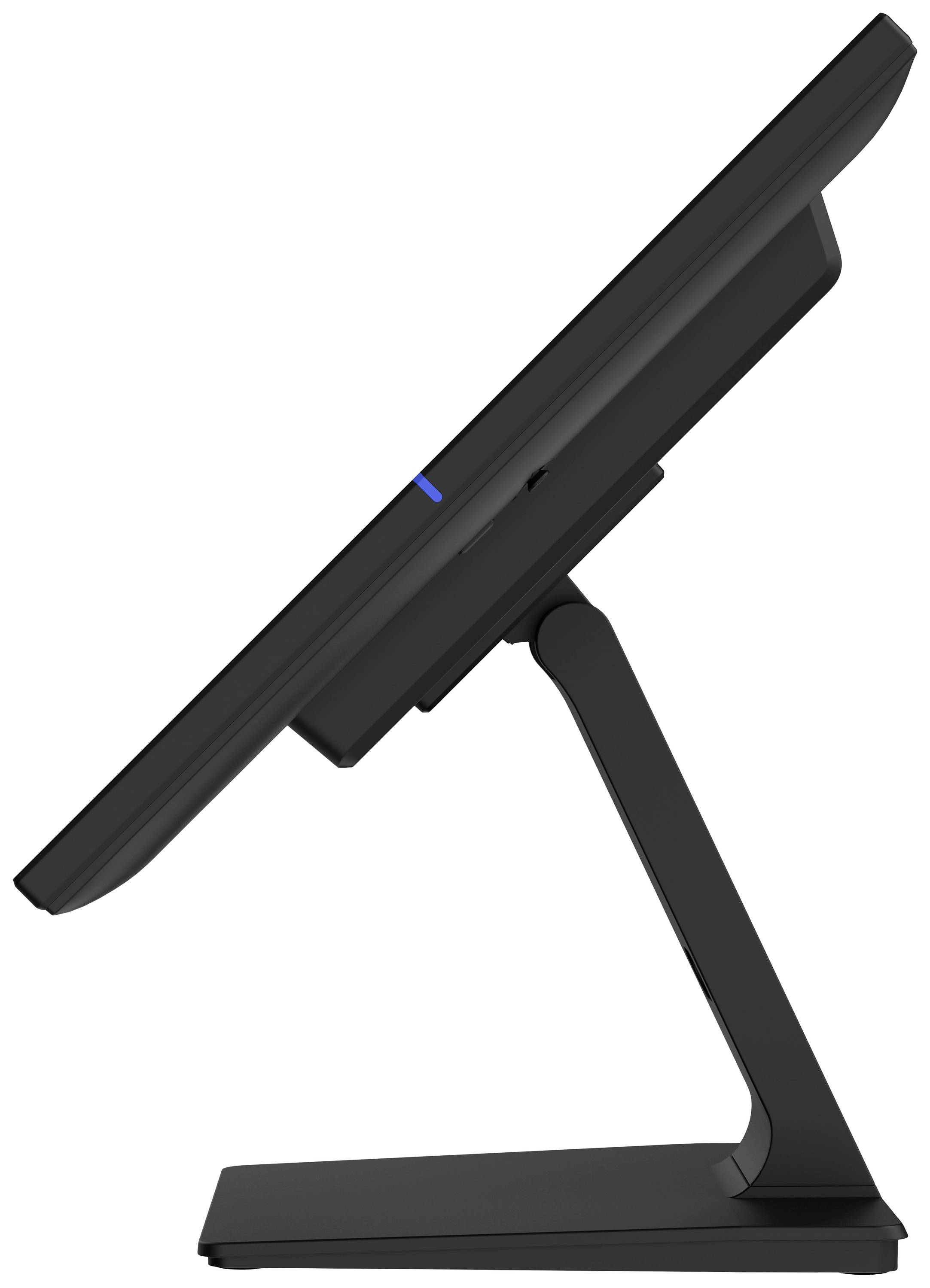 Seitliche Ansicht eines schwarzen Computerbildschirms auf einem Standfuß, leicht nach hinten geneigt. Der Bildschirm hat eine moderne, schlanke Bauweise.