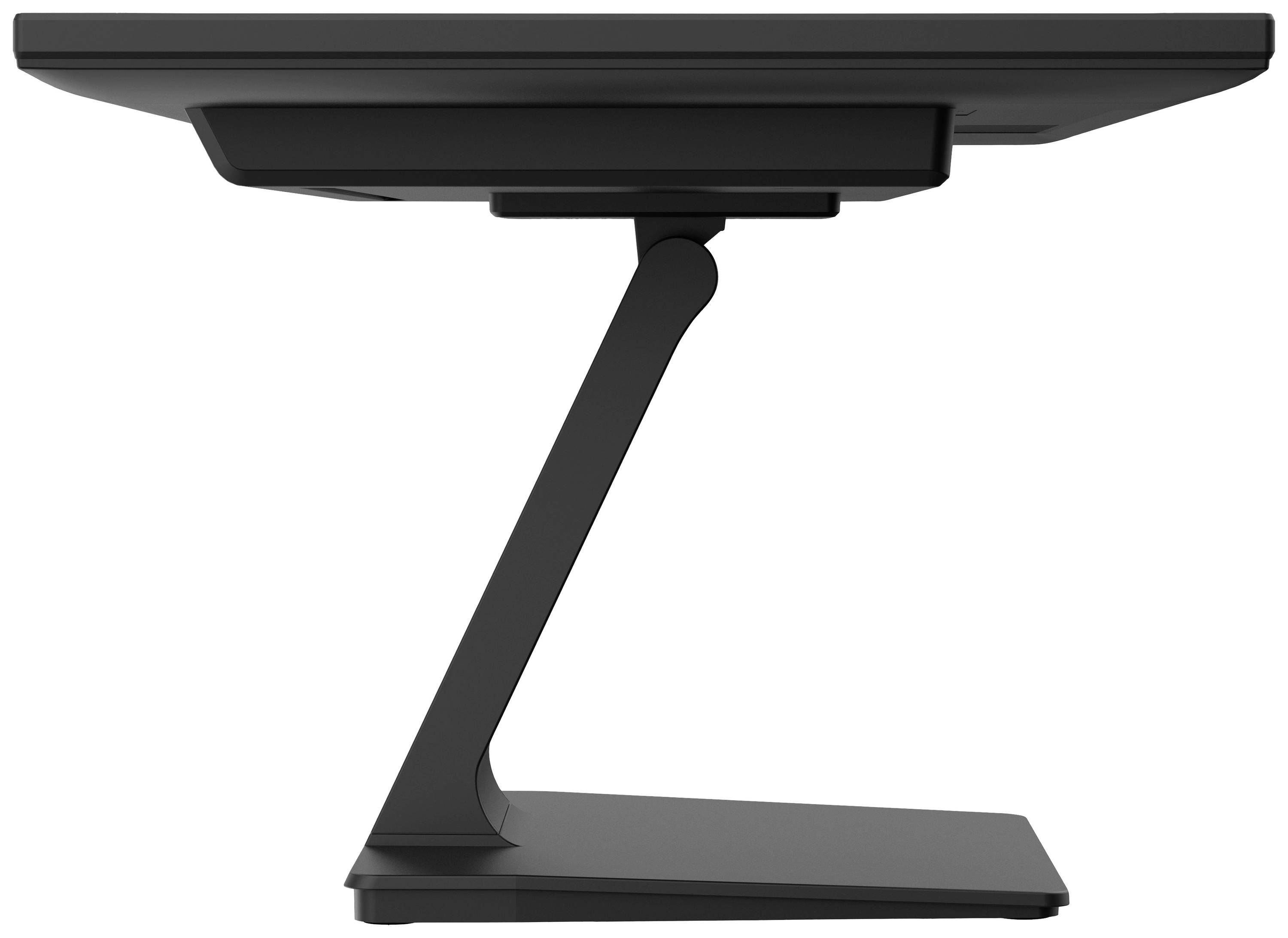Ein flacher, schwarzer Monitor mit stilvollem, schlankem Standfuß, seitlich betrachtet, ideal für moderne Arbeitsumgebungen.