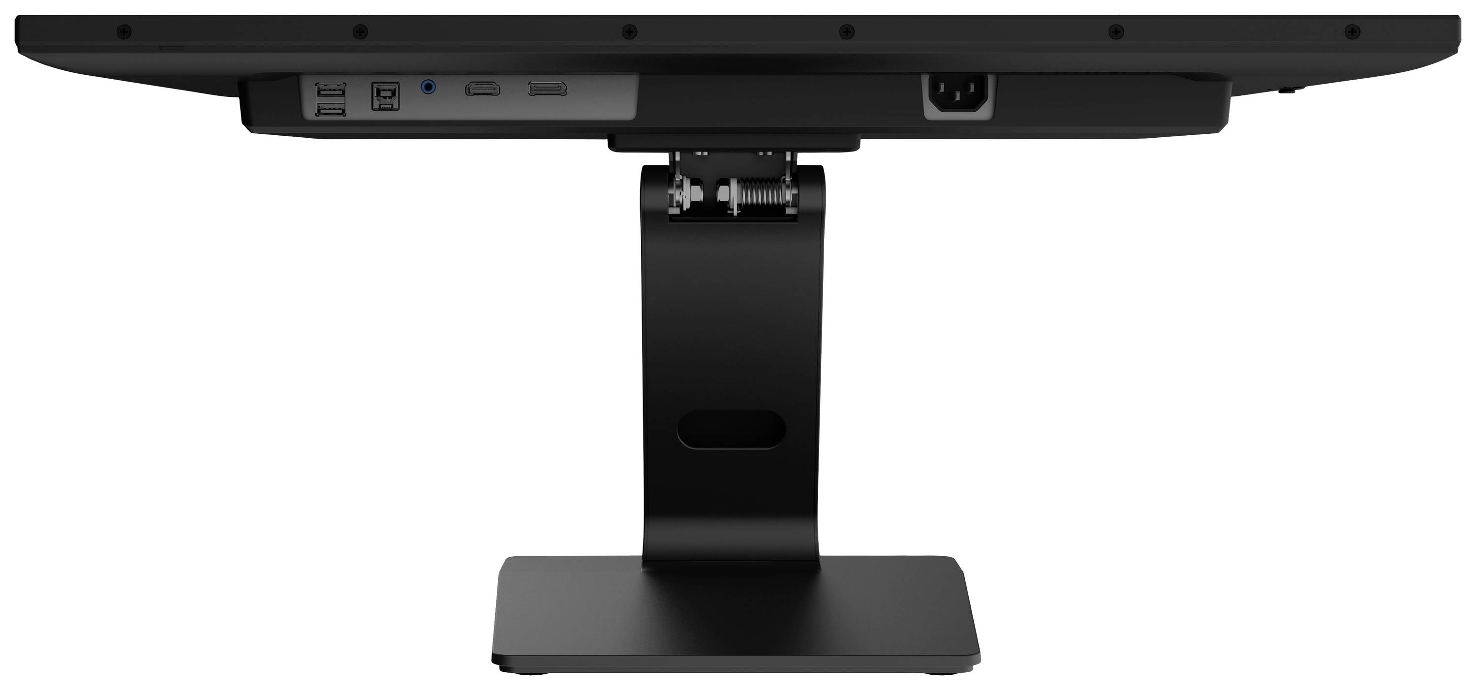 Rückansicht eines schwarzen Computermonitors mit mehreren Anschlüssen und einem robusten Standfuß.