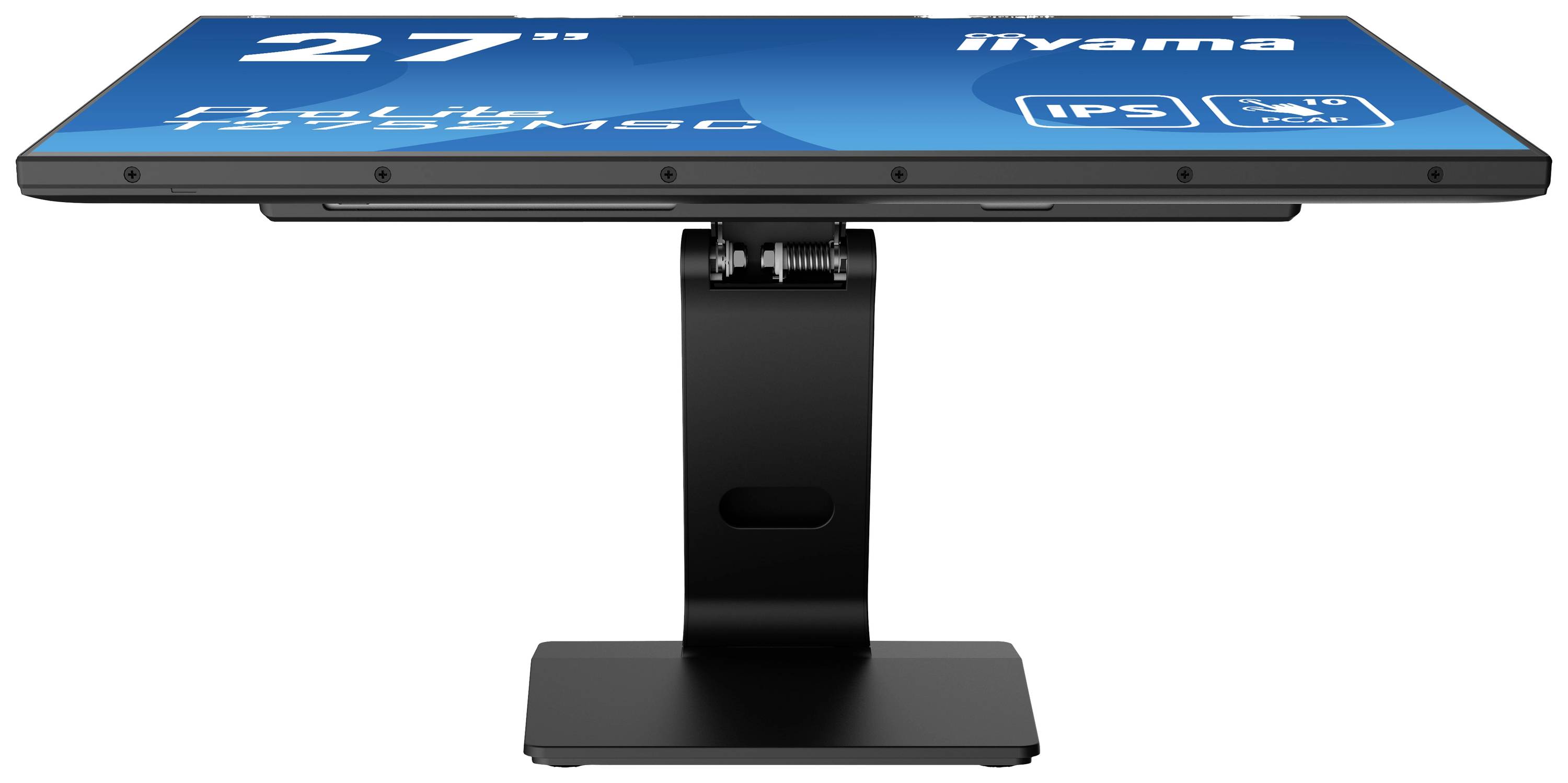 Flacher Monitor auf einem Ständer, zeigt die Oberseite eines 27-Zoll-Bildschirms mit IPS-Technologie, geeignet für vielseitigen Einsatz.