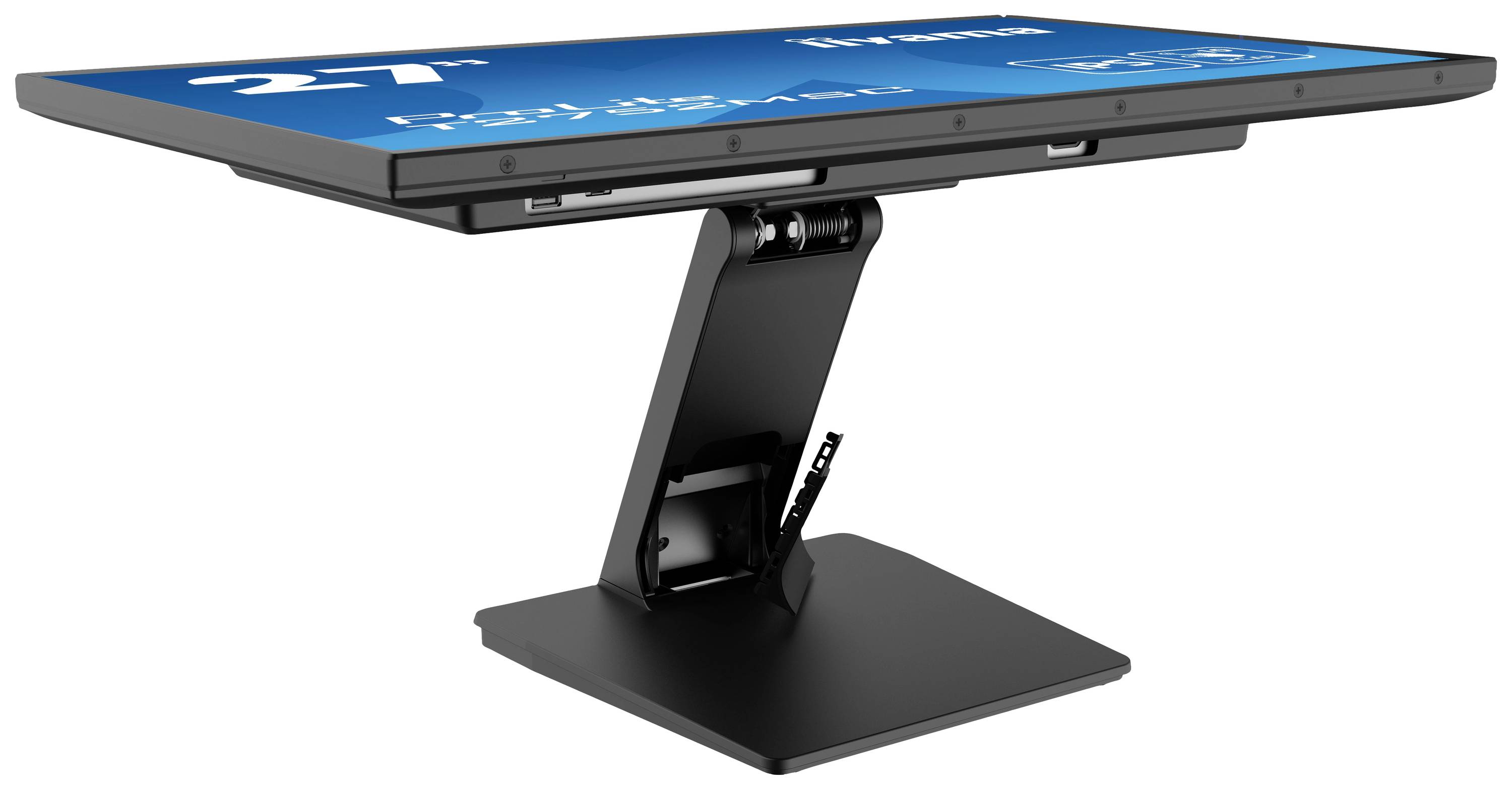 Ein großer, schräg gestellter Touchscreen-Monitor auf einem verstellbaren Standfuß, geeignet für Präsentationen oder interaktive Displays.