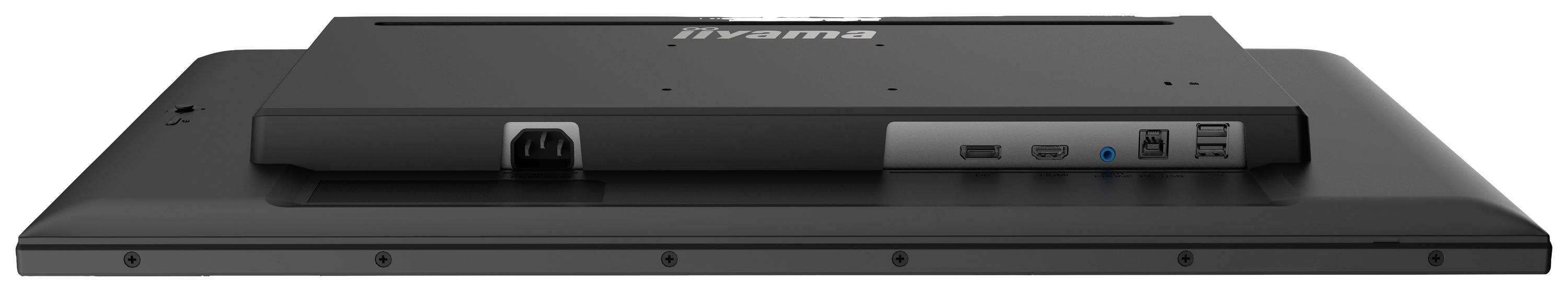 Ein schwarzer Monitor liegt flach, Rückseite mit Anschlüssen sichtbar. Enthält HDMI- und USB-Ports, ein Stromanschluss, Marke 'iiyama'.