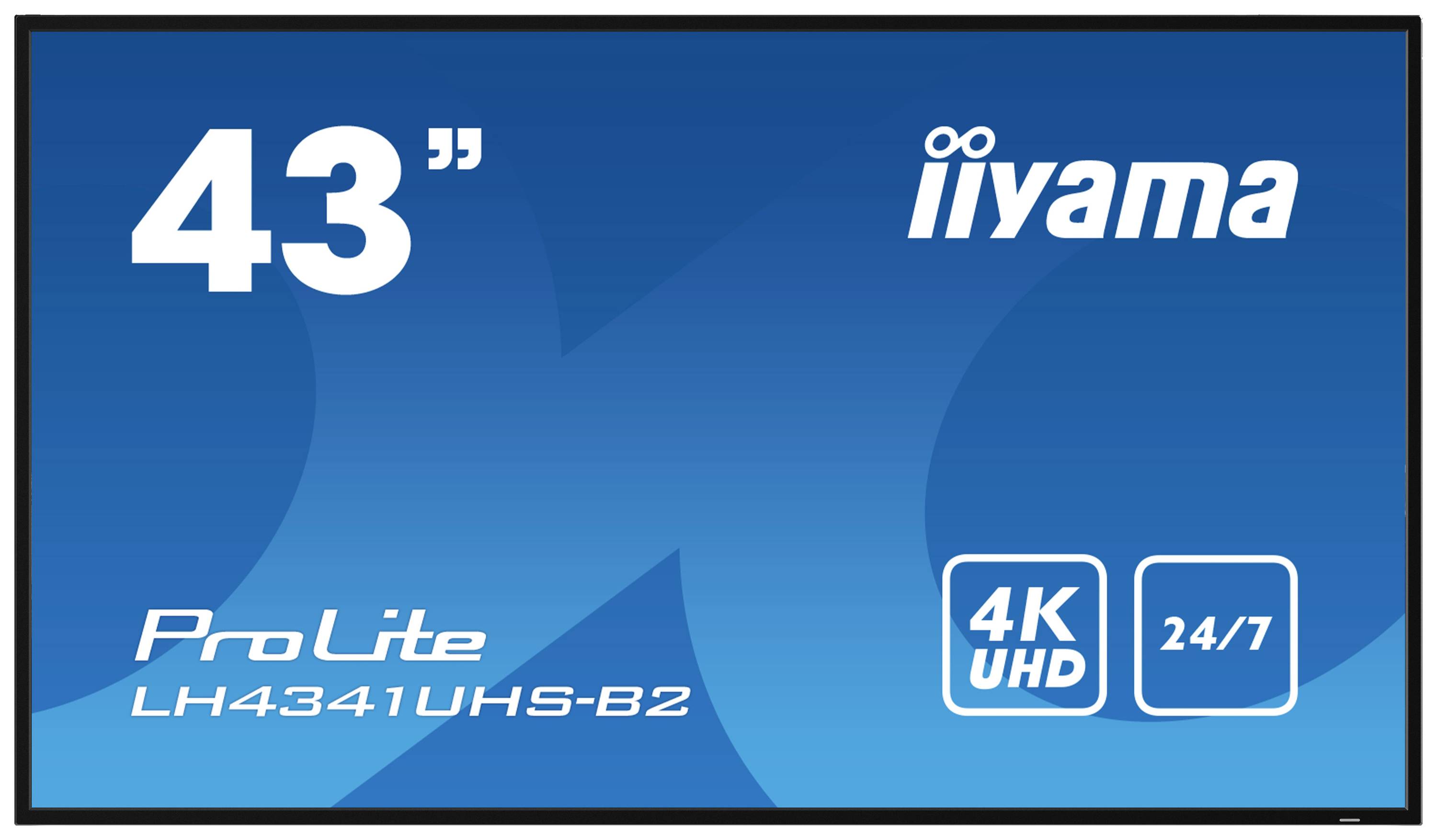 Ein blauer Bildschirm mit der Aufschrift 'iiyama ProLite LH4341UHS-B2'. Größe 43 Zoll, 4K UHD, geeignet für 24/7-Betrieb.