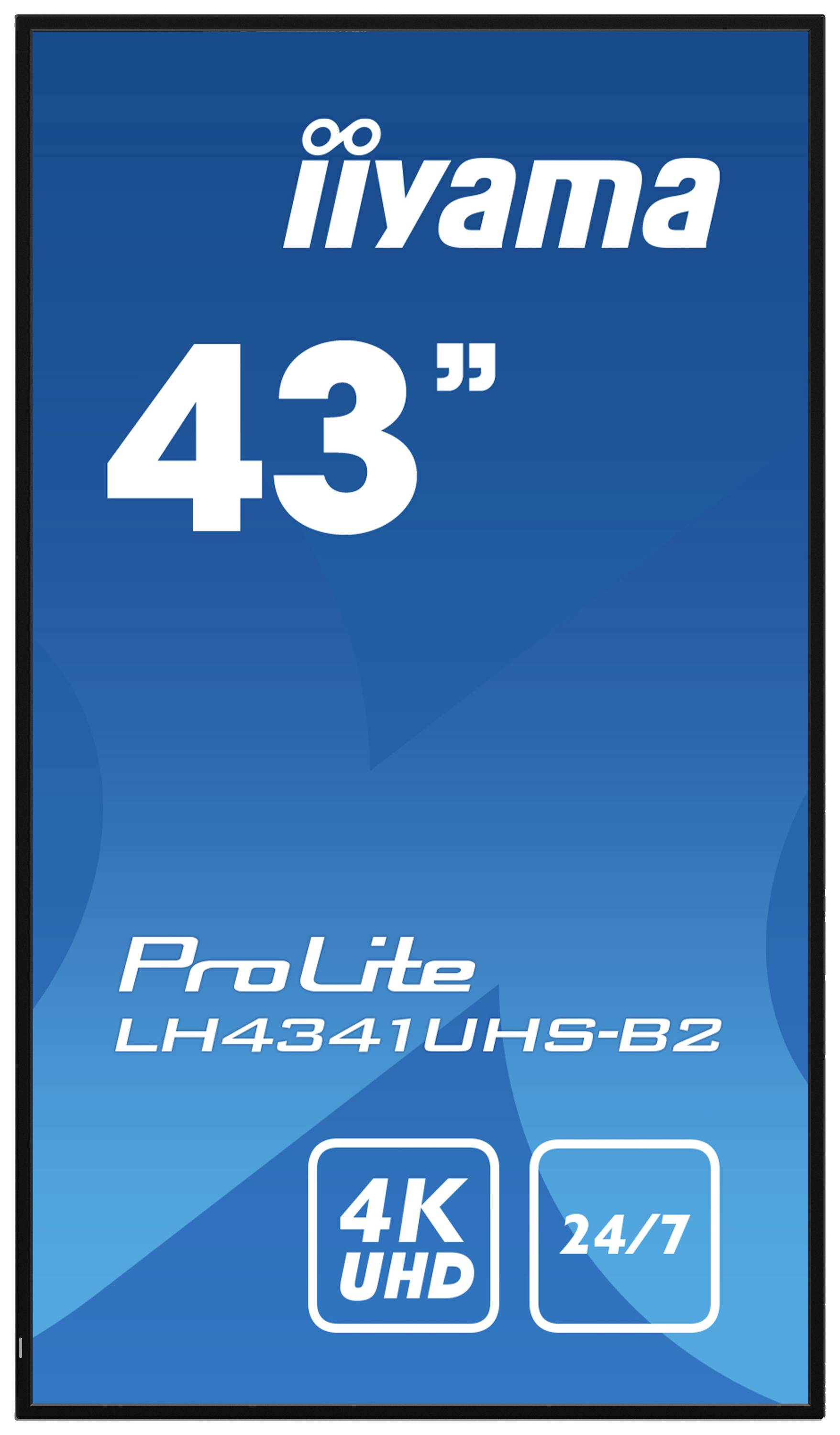 Der Monitor zeigt ein Werbebild mit den Angaben: 43 Zoll, Modell 'ProLite LH4341UHS-B2', 4K UHD, geeignet für 24/7 Betrieb.