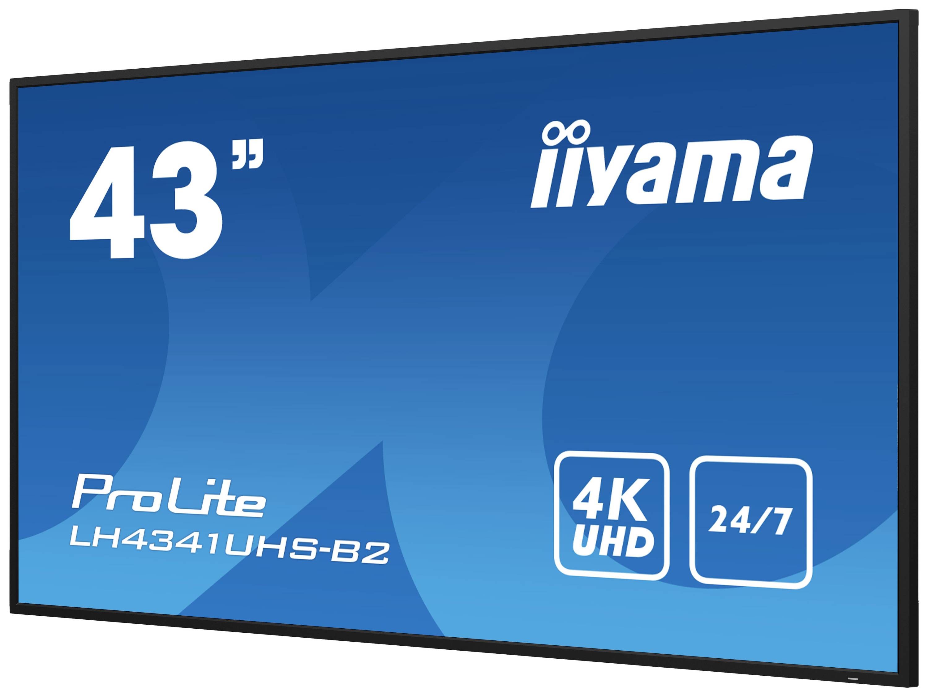 43-Zoll-Bildschirm von iiyama, Modell 'ProLite LH4341UHS-B2', zeigt '4K UHD' und '24/7'-Betriebshinweise auf blauem Hintergrund.