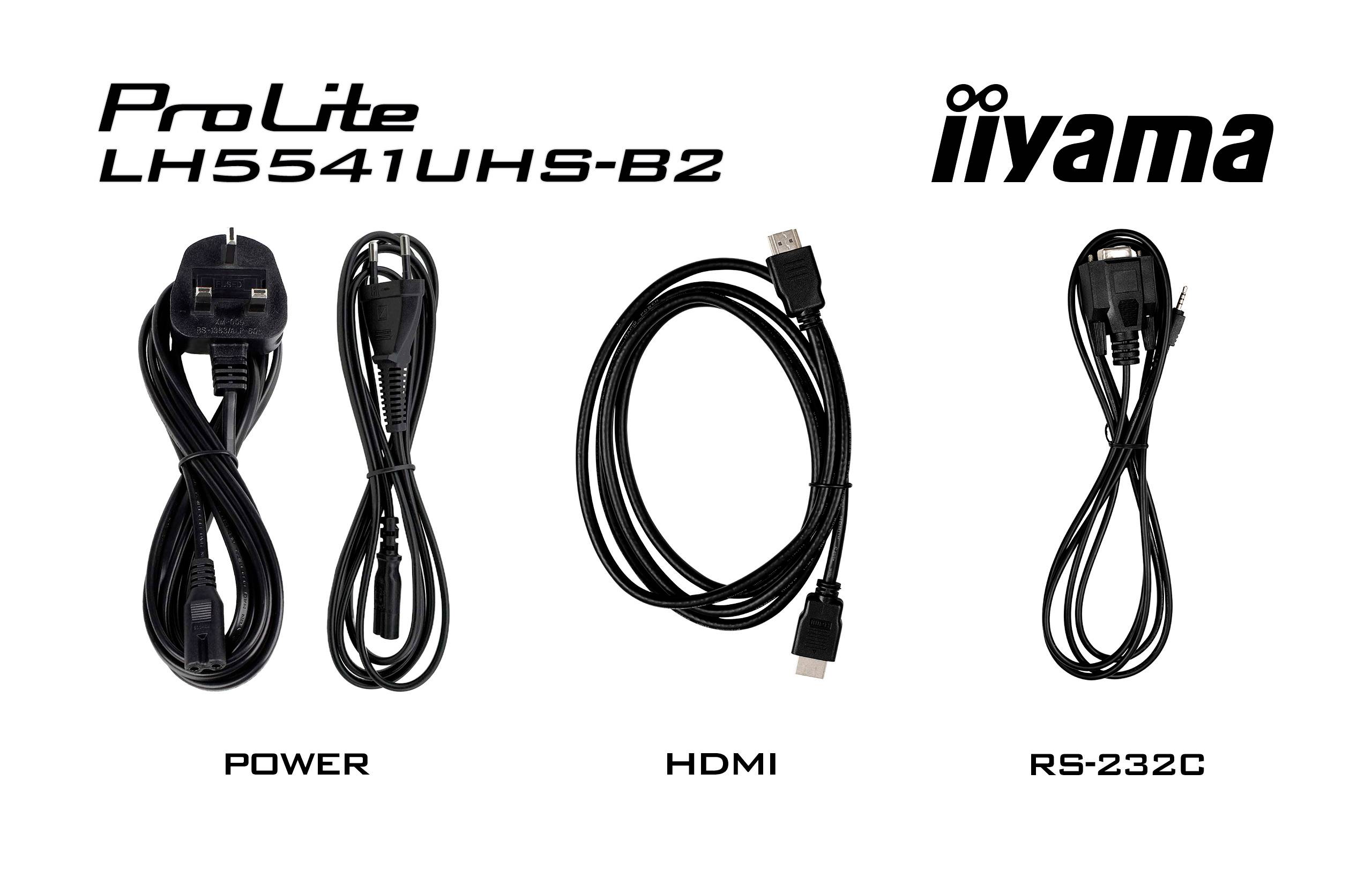 'ProLite LH5541UHS-B2' Bildschirmzubehör. Zeigt Stromkabel, HDMI-Kabel und RS-232C-Kabel. Markenname 'iiyama' oben rechts.