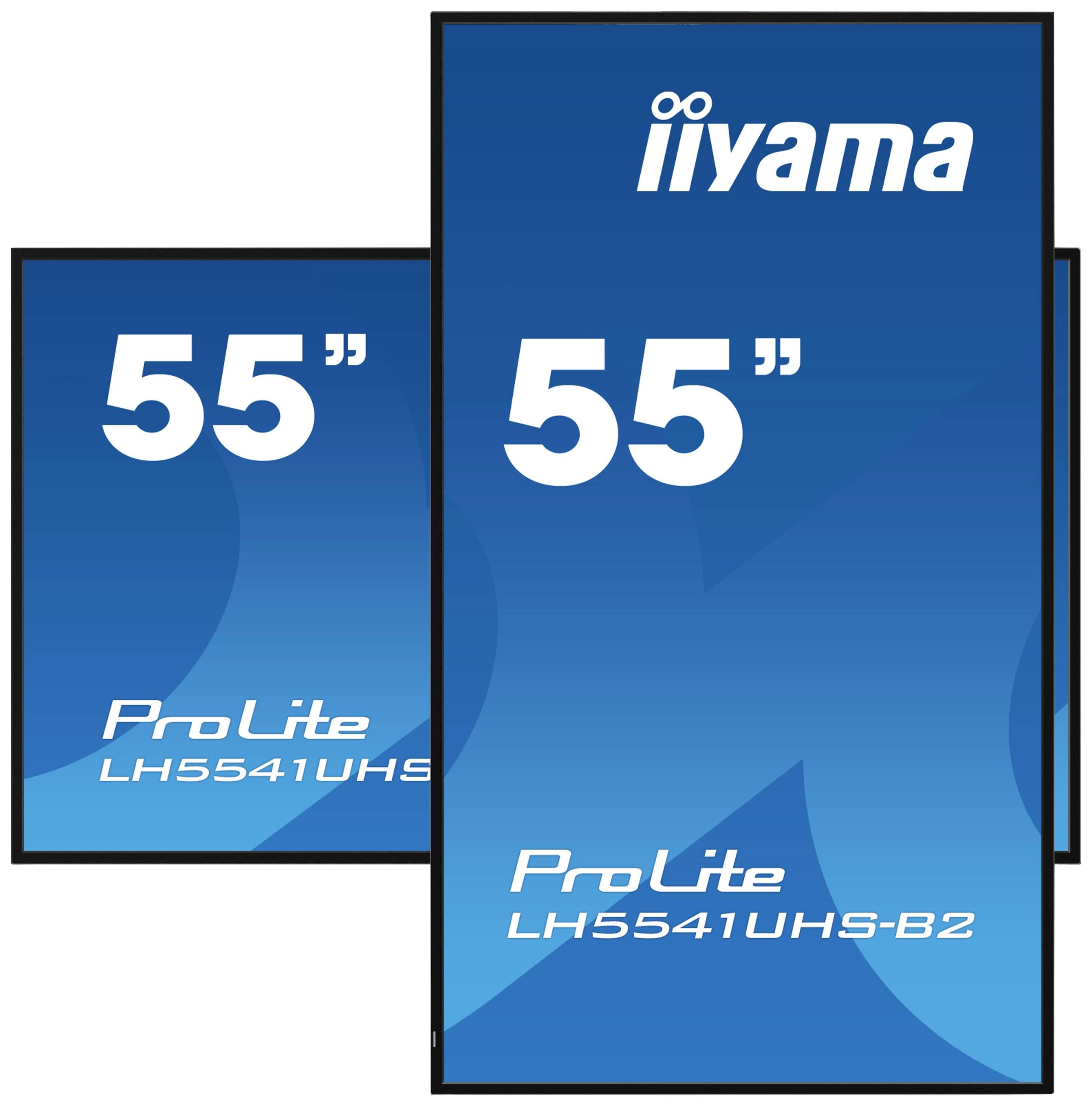 Zwei Iiyama ProLite Monitore, Modell LH5541UHS-B1, mit 55 Zoll Bildschirmen, blauem Hintergrund, zeigen groß die Bildschirmgröße an.