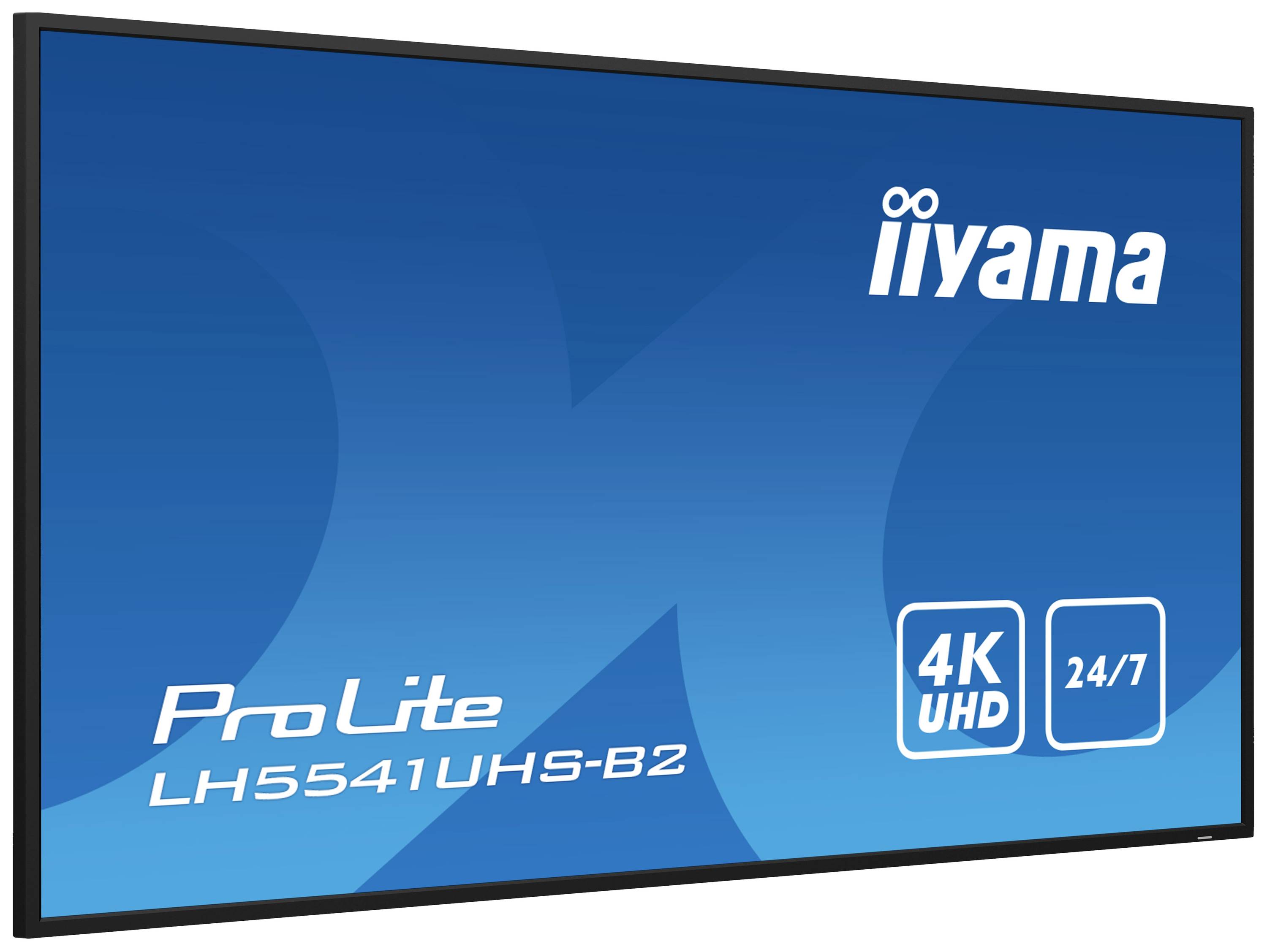 Ein blauer Bildschirm mit 'iiyama ProLite' in Weiß. Anzeige ist 4K UHD und geeignet für 24/7-Betrieb. Modelnummer: LH5541UHS-B2.