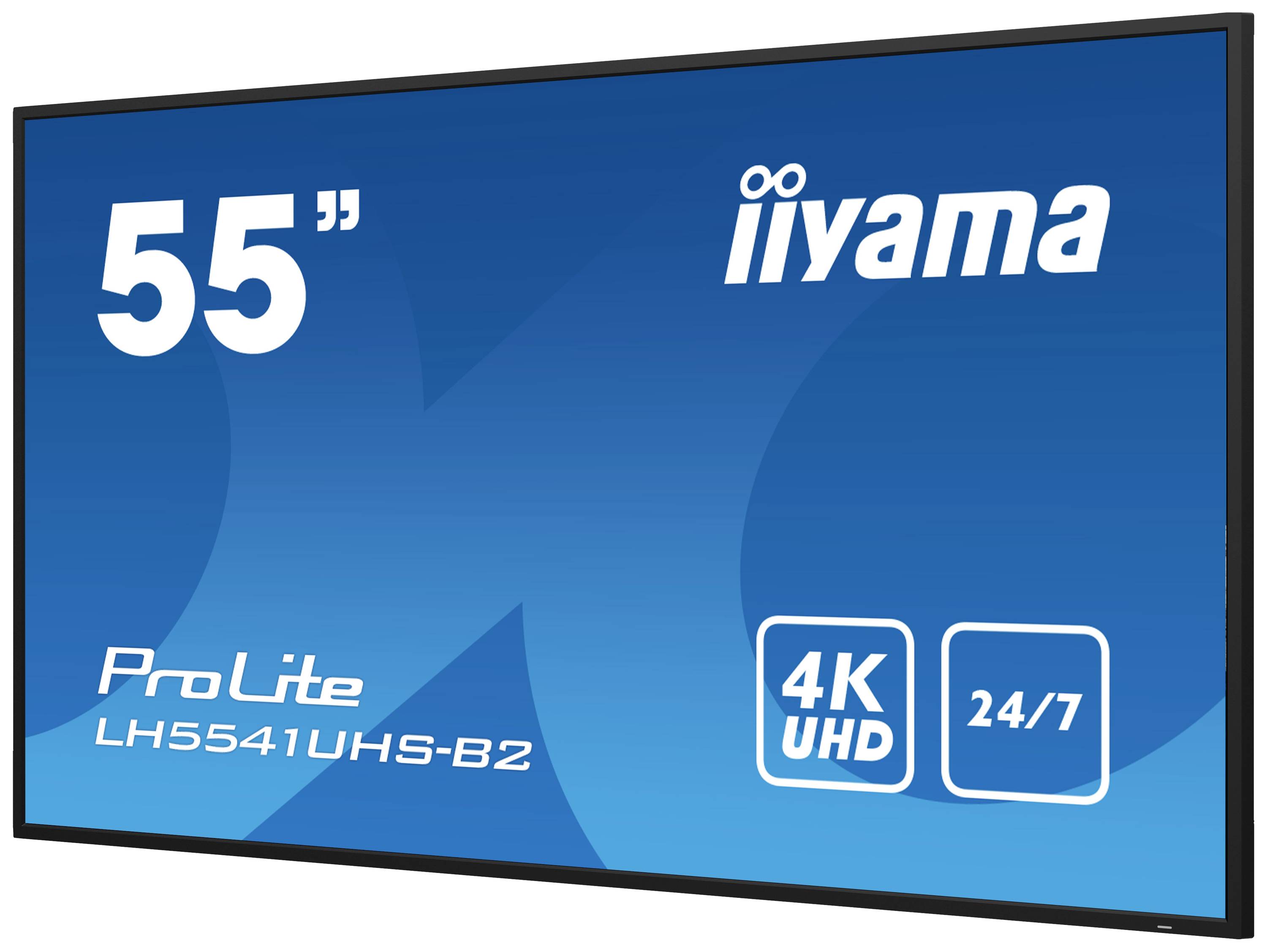 'ProLite LH5541UHS-B2 55" von iiyama' auf blauem Hintergrund mit 4K UHD- und 24/7-Symbolen.