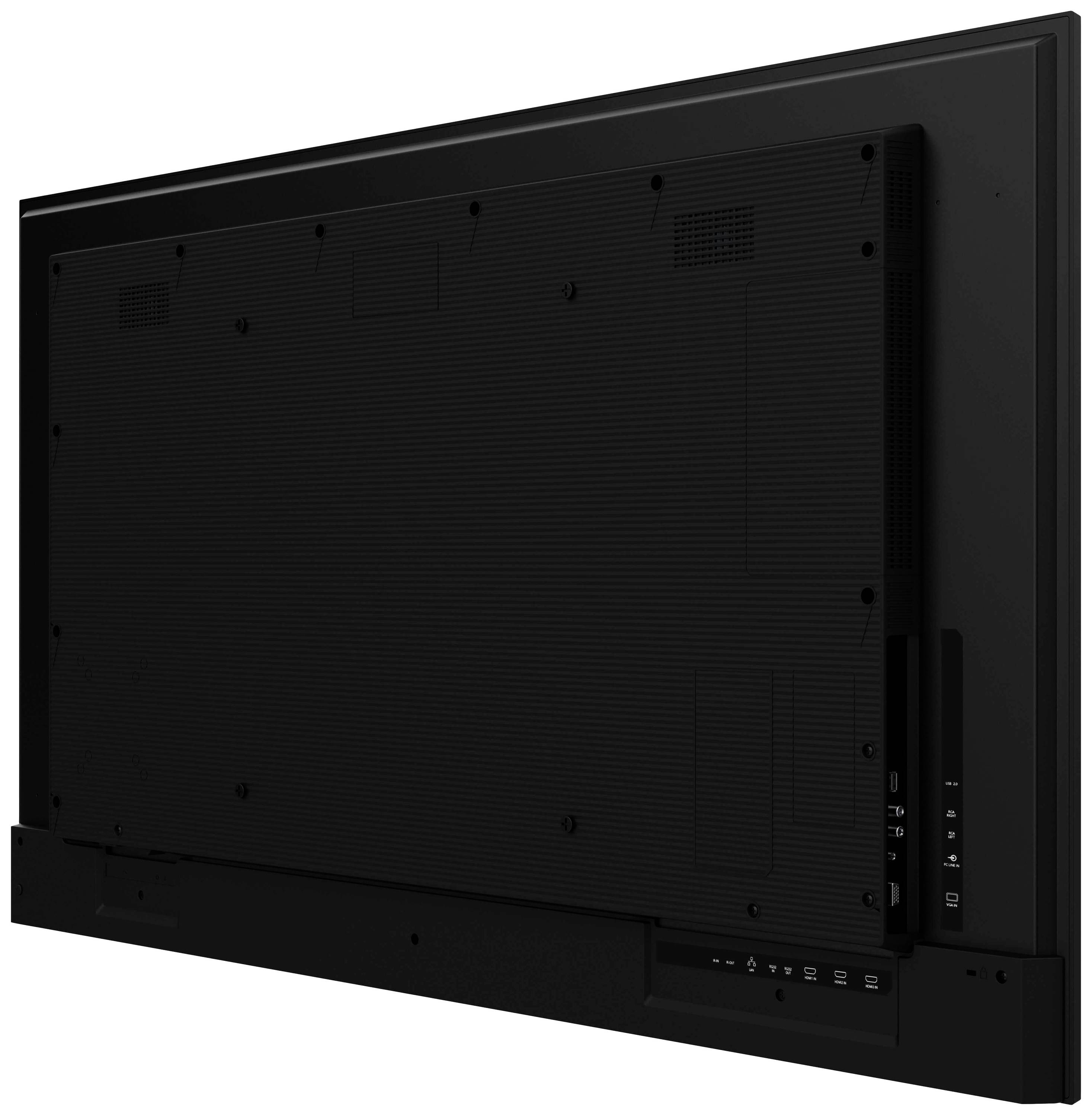 Rückansicht eines flachen schwarzen Monitors mit mehreren Anschlüssen auf der rechten Seite, darunter HDMI- und USB-Ports.