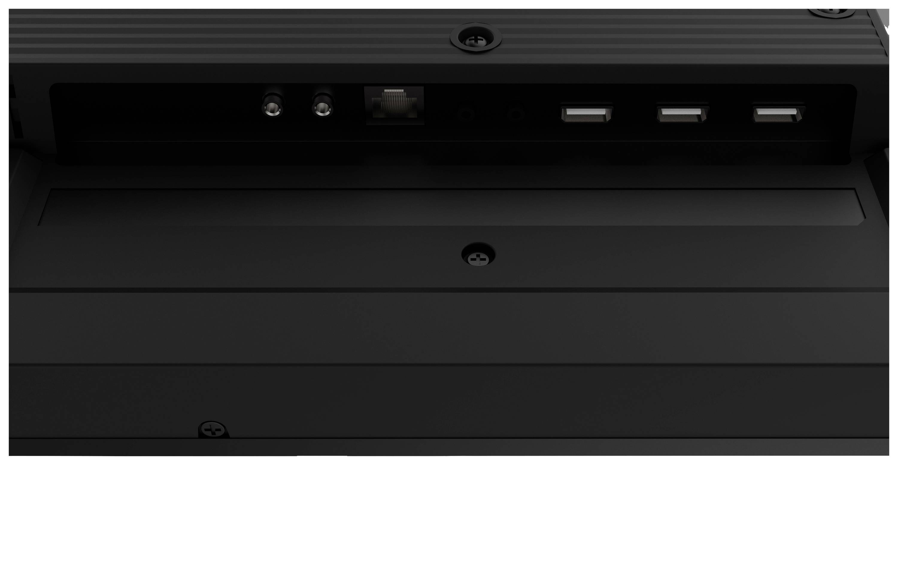 Rückseite eines Geräts mit Ethernet-, Video- und USB-Anschlüssen.