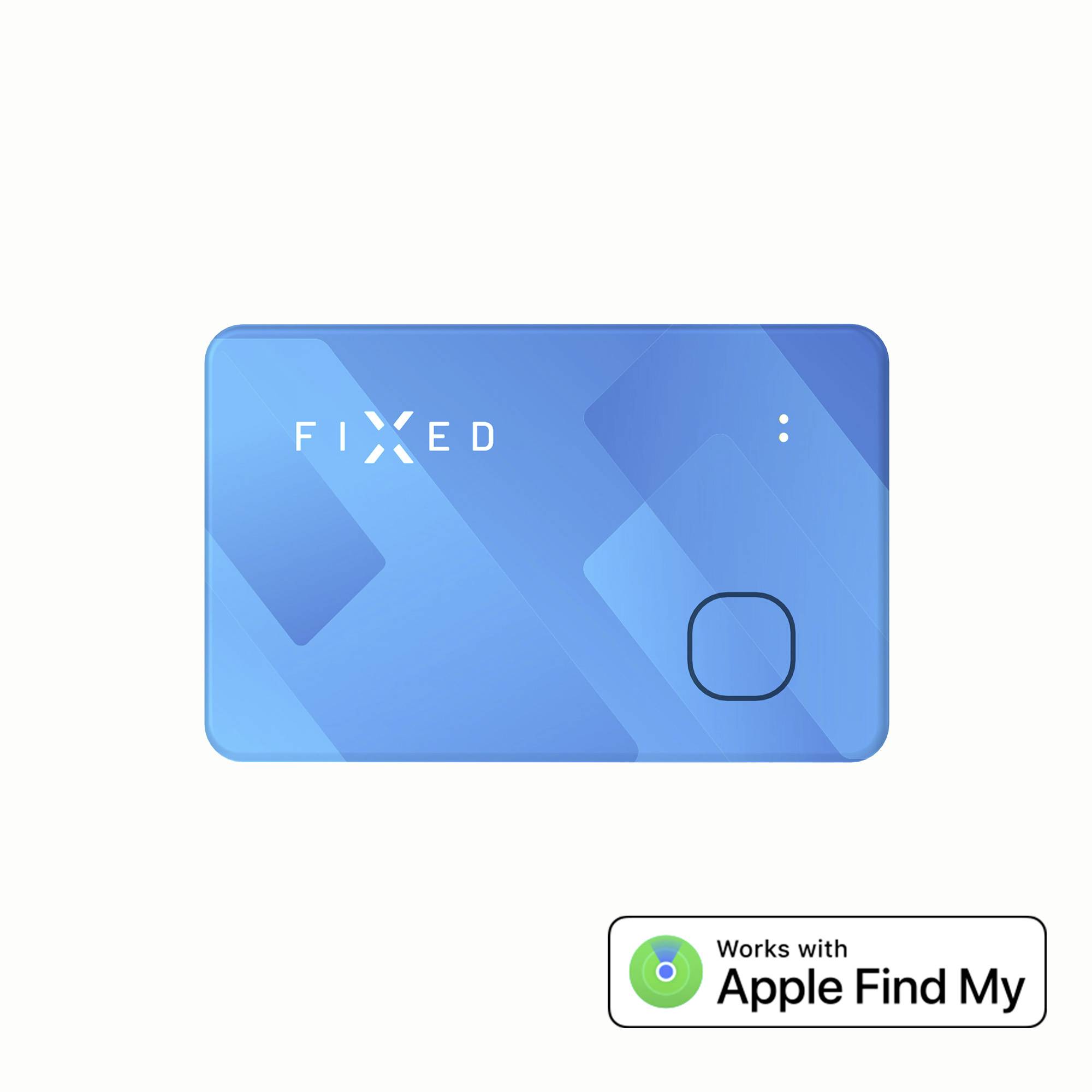 Ortungsgerät in rechteckiger Form mit blauem Design, Logo oben, drei Punkte rechts. Unten rechts Logo 'Works with Apple Find My'.