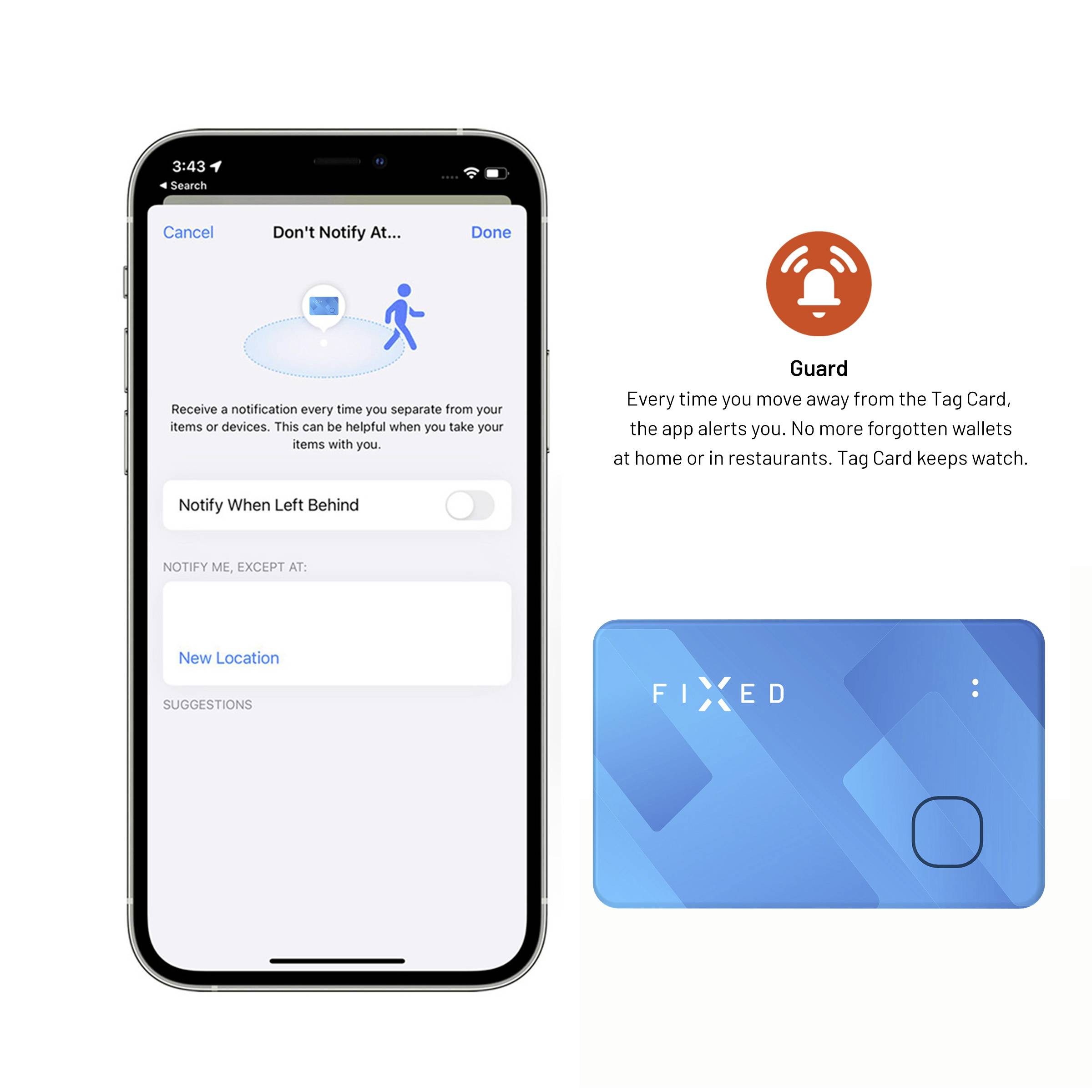 Ein Smartphone zeigt eine Benachrichtigungseinstellung für verlorene Gegenstände. Daneben eine Beschreibung der 'Guard'-Funktion und eine blaue FIXED-Karte, die gegen Verlust schützt.