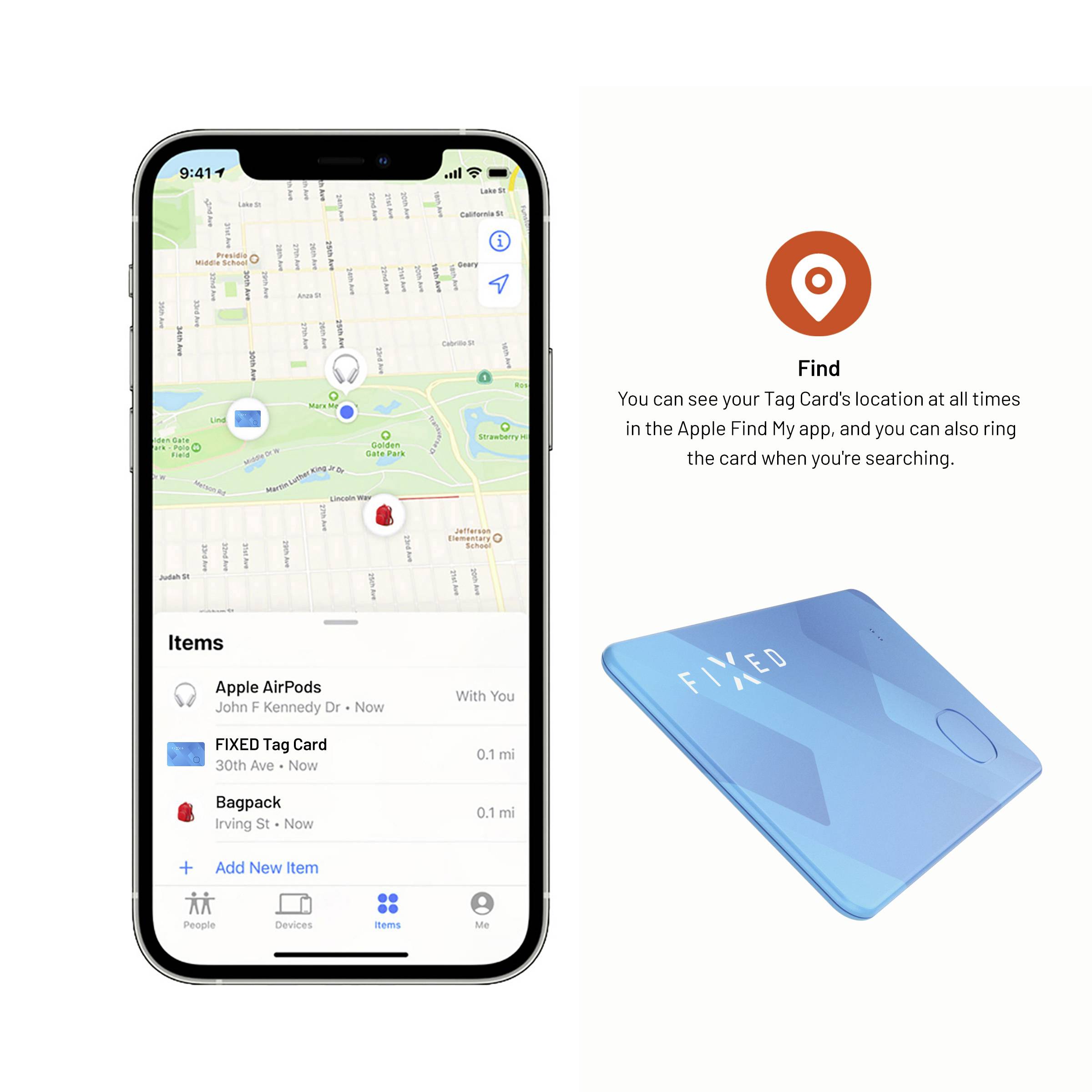 Ein Smartphone zeigt eine Karte mit Standorten, darunter 'Apple AirPods' und 'FIXED Tag Card'. Daneben eine blaue Karte mit der Aufschrift 'FIXED'.