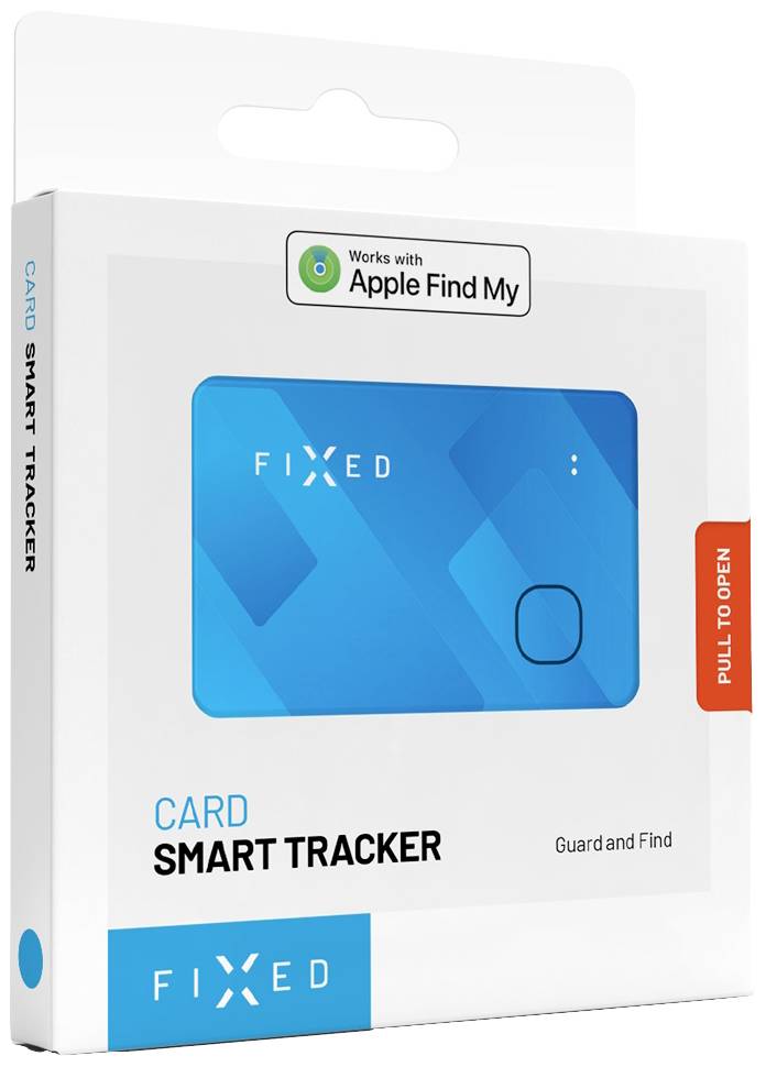 Verpackung eines FIXED Card Smart Trackers, der mit 'Apple Find My' kompatibel ist. Enthält die Anweisung 'Pull to open'.