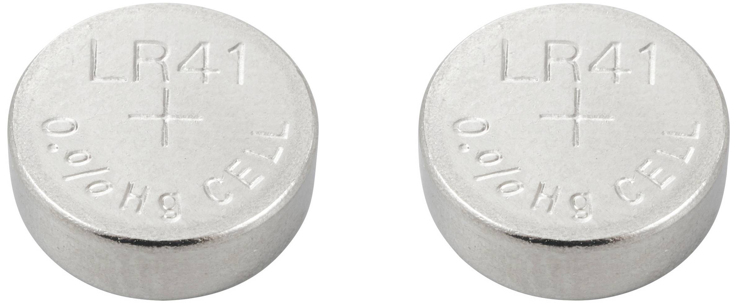Zwei silberne Knopfzellen-Batterien mit der Aufschrift 'LR41' und '0% Hg CELL'.