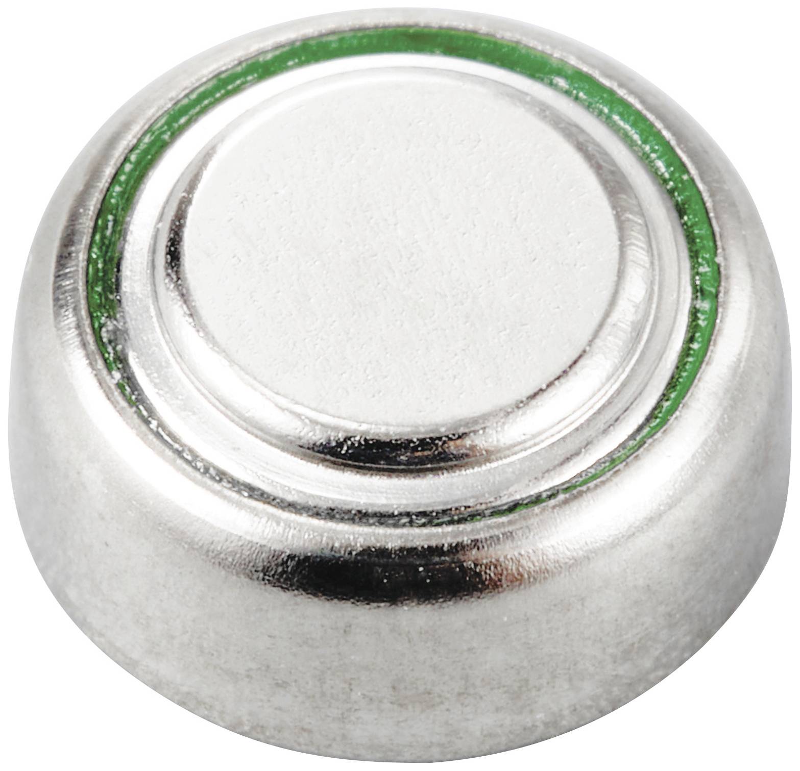 Kleine silberne Knopfzelle mit grünem Ring, häufig genutzt für kleine elektronische Geräte wie Uhren oder Taschenrechner.