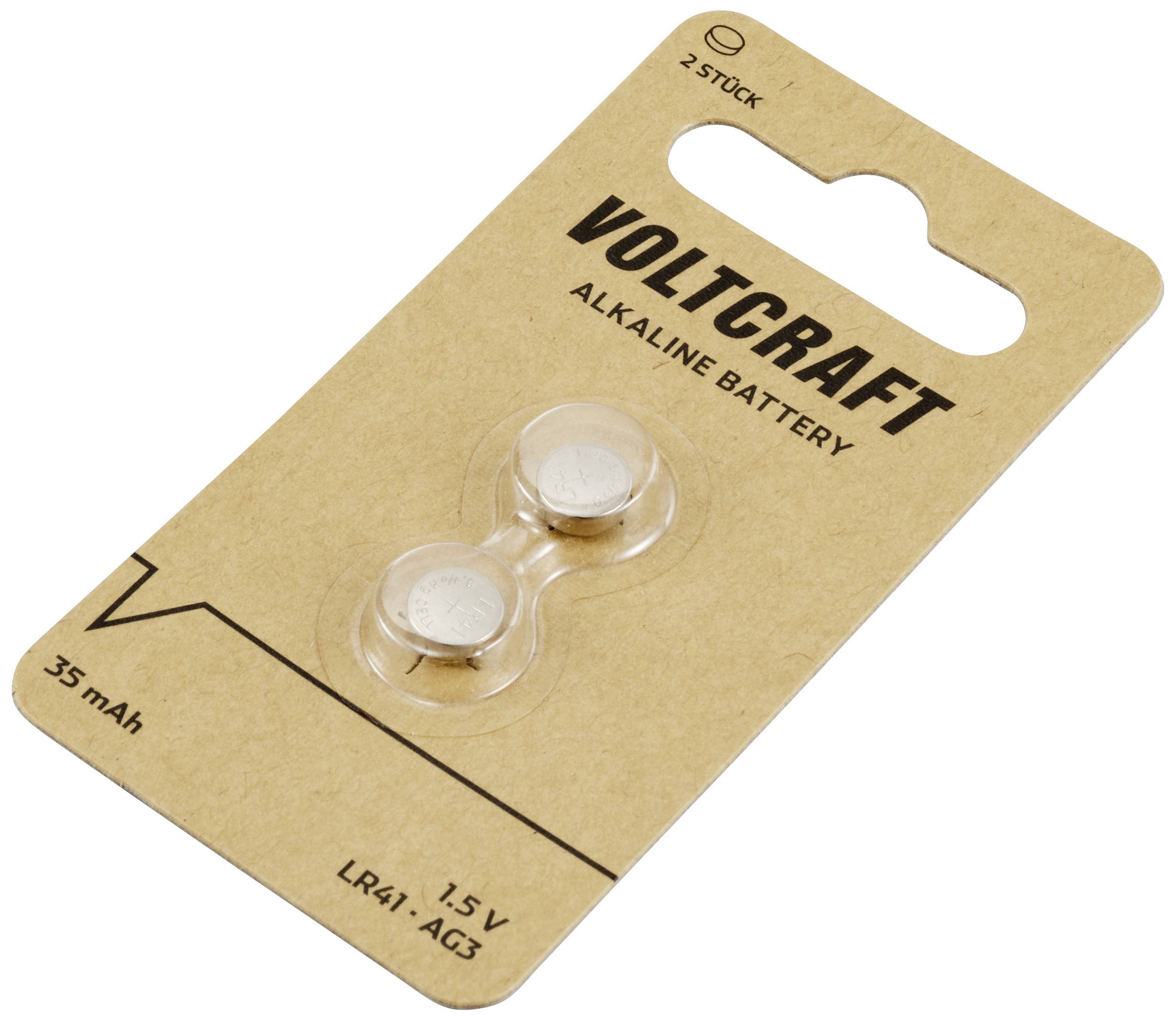Zwei Knopfzellen auf einer Pappkarte mit der Aufschrift 'Voltcraft Alkaline Battery', 1,5 V, 35 mAh, LR41, AG3, 2 Stück.