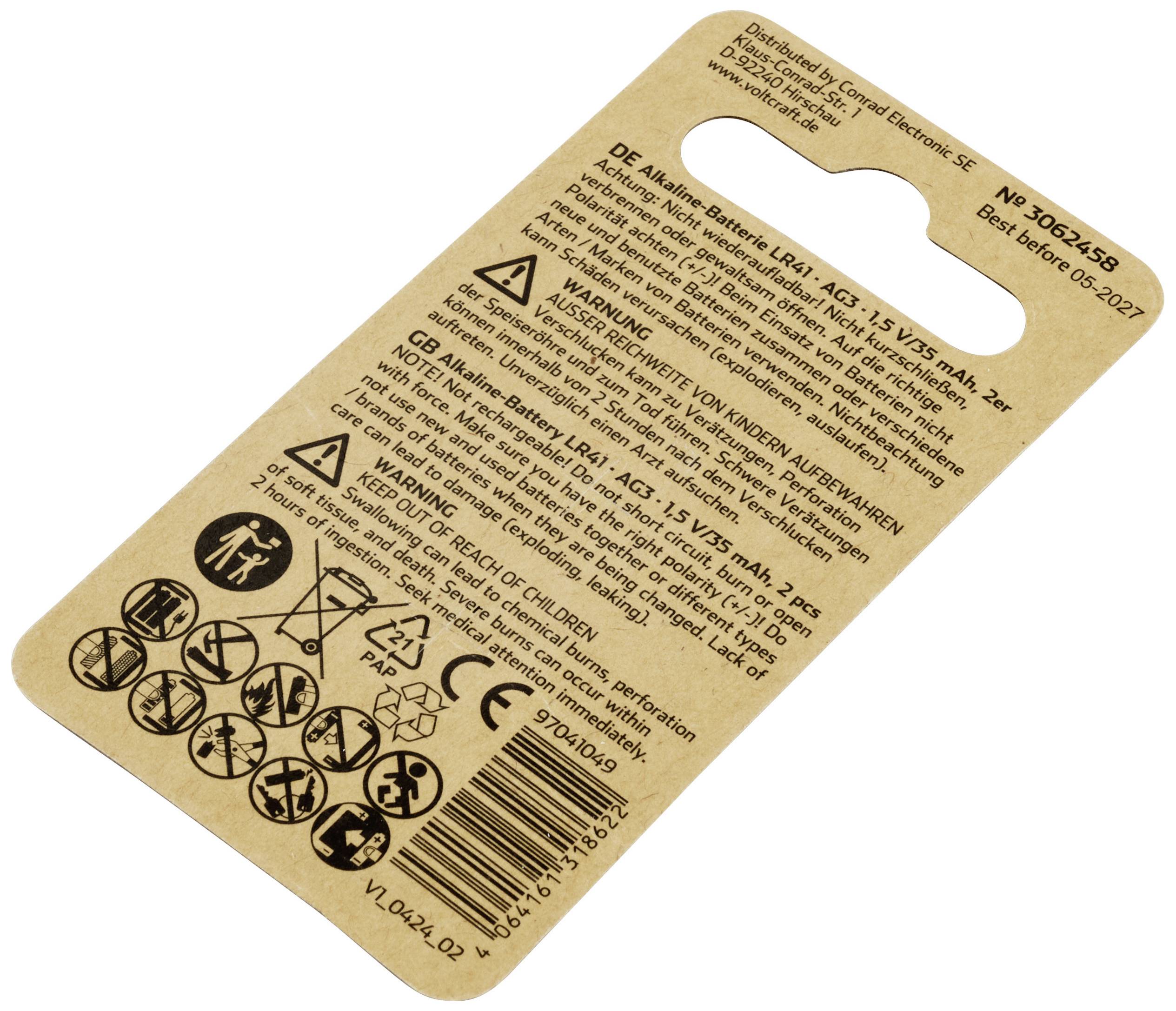 VOLTCRAFT Knopfzelle LR 41 1.5V 2 St. 35 mAh Alkali-Mangan AG3