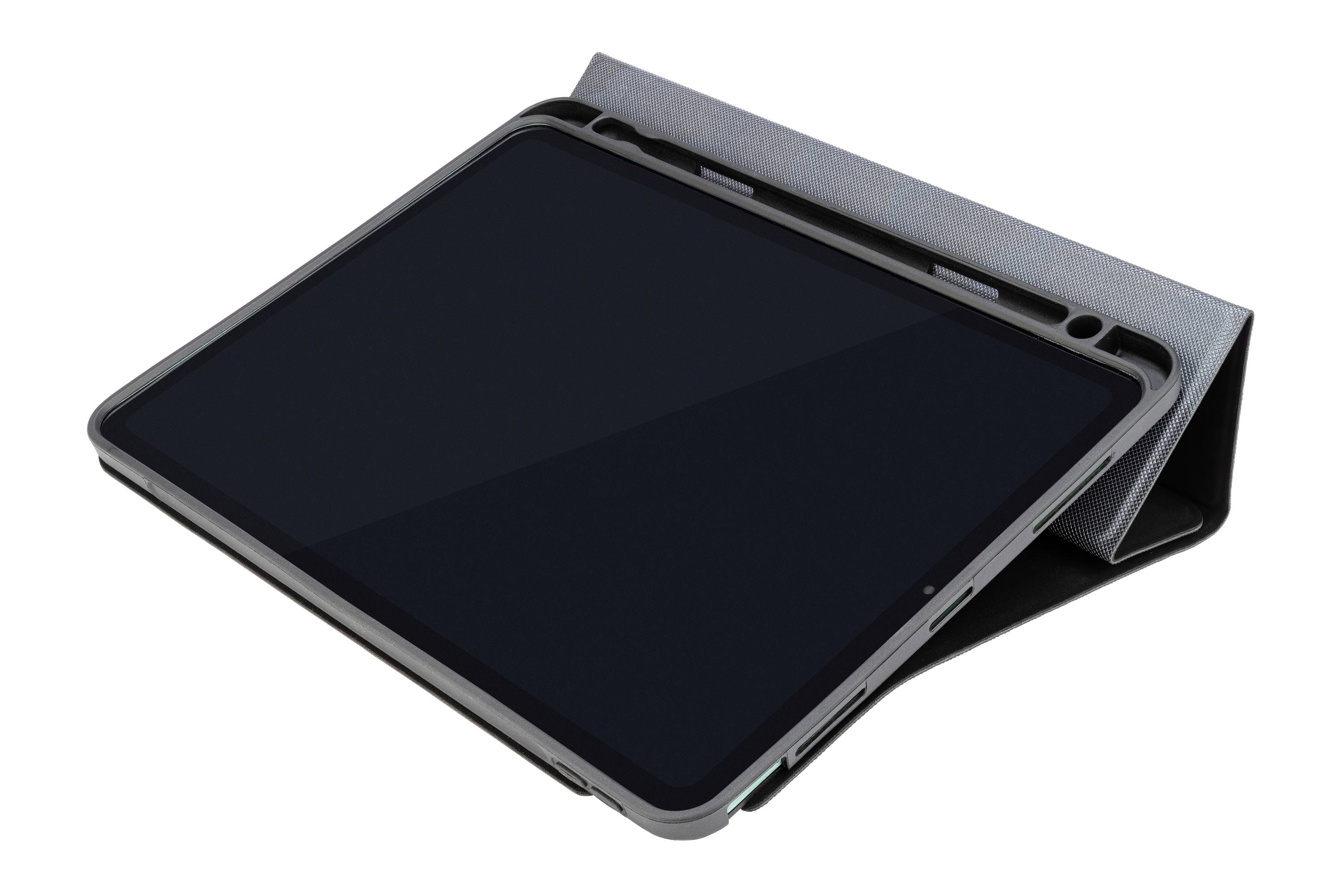 Ein Tablet mit schwarzem Bildschirm liegt schräg in einer grauen Schutzhülle, die gleichzeitig als Ständer dient.