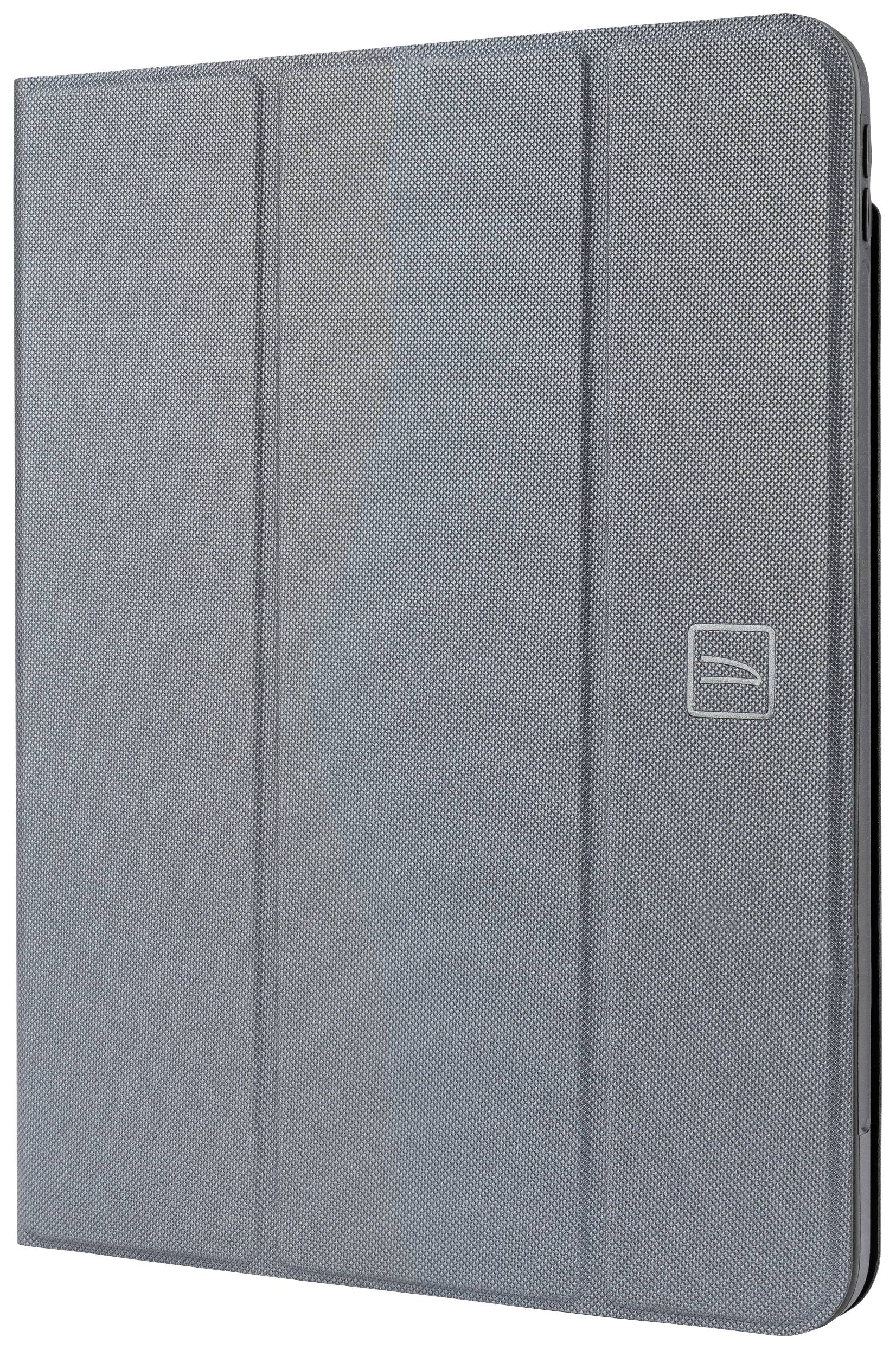 Graue Tablet-Hülle, geschlossen. Rechteckige Form mit strukturierter Oberfläche und markantem Logo auf der rechten Seite.