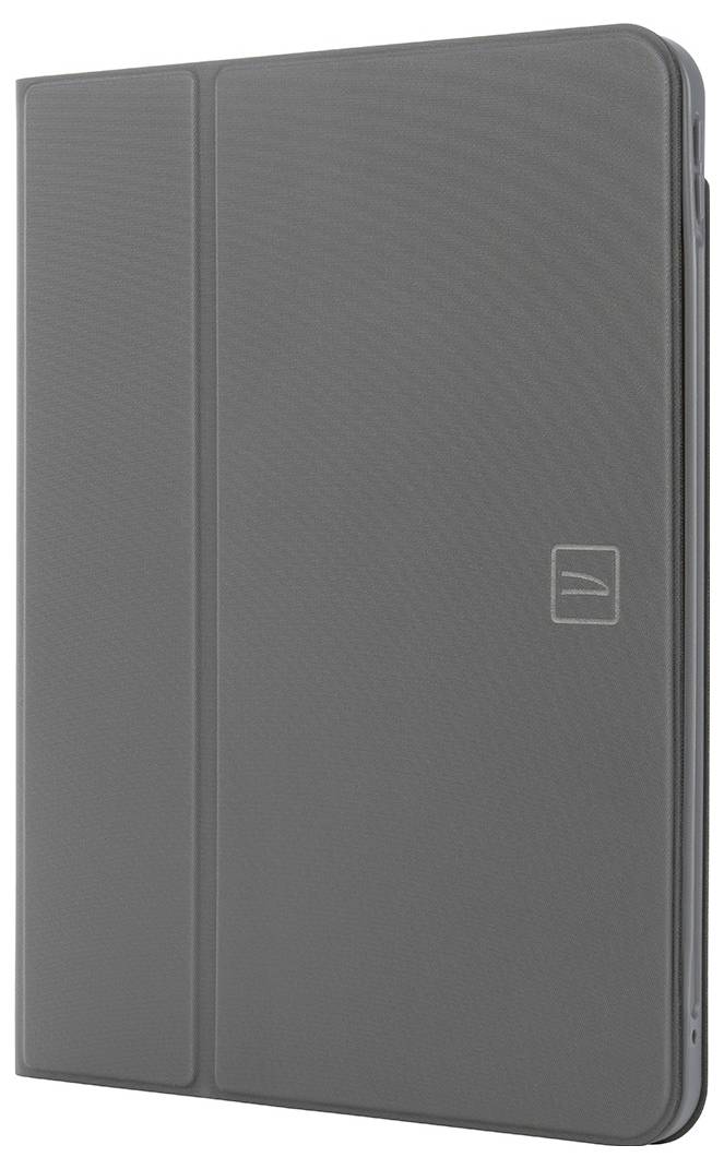 Graue Folio-Stil-Tablet-Schutzhülle geschlossen, mit subtlem Logo in der unteren rechten Ecke.