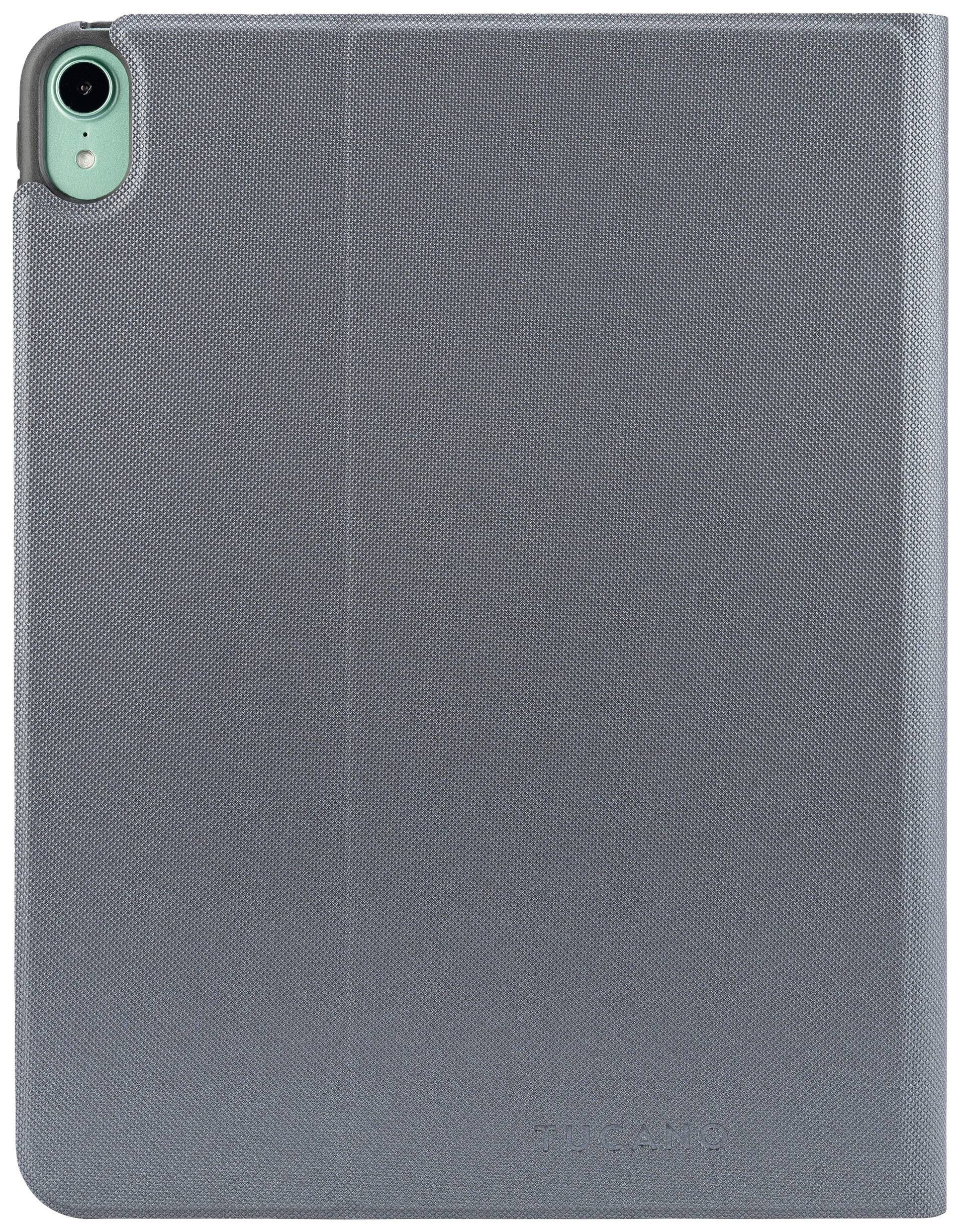 Eine graue, geschlossene Tablet-Hülle mit sichtbarer Kameralinse oben links.