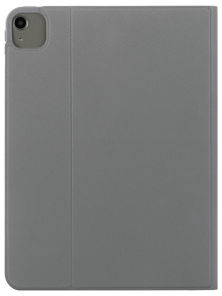 Grauer Tablet-Schutzhülle im Folio-Stil mit Aussparung für die rückwärtige Kamera, geschlossen vor weißem Hintergrund dargestellt.