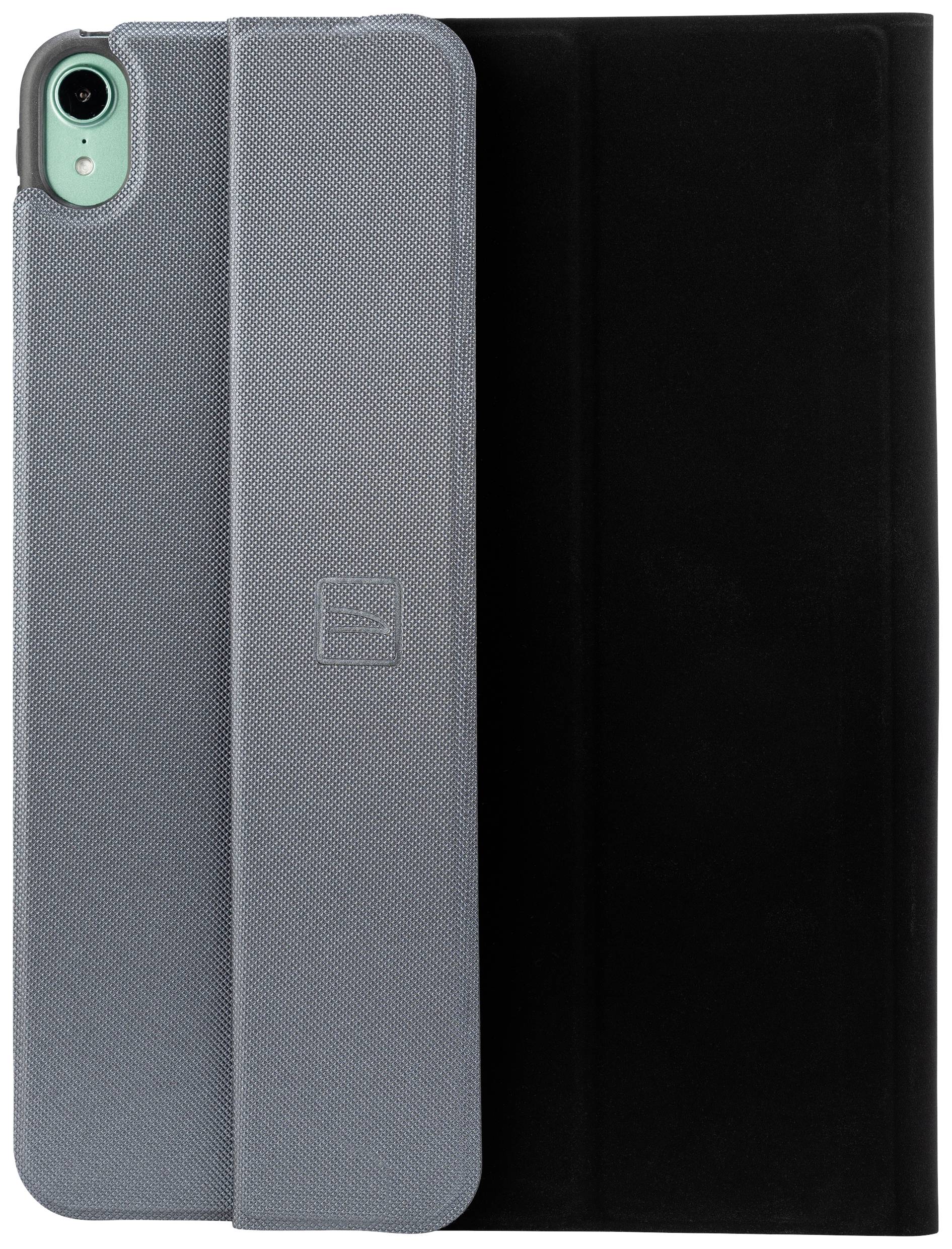 Ein graues Tablet-Etui steht halb offen neben einem schwarzen Etui, beide aufrecht positioniert.