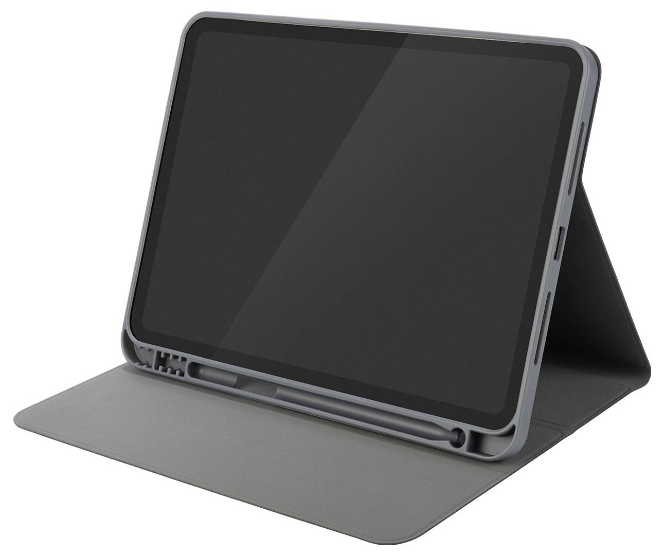 Tablet in einem grauen Klapptui mit Vorderdeckel, der zu einem Ständer gefaltet ist, auf weißem Hintergrund dargestellt.