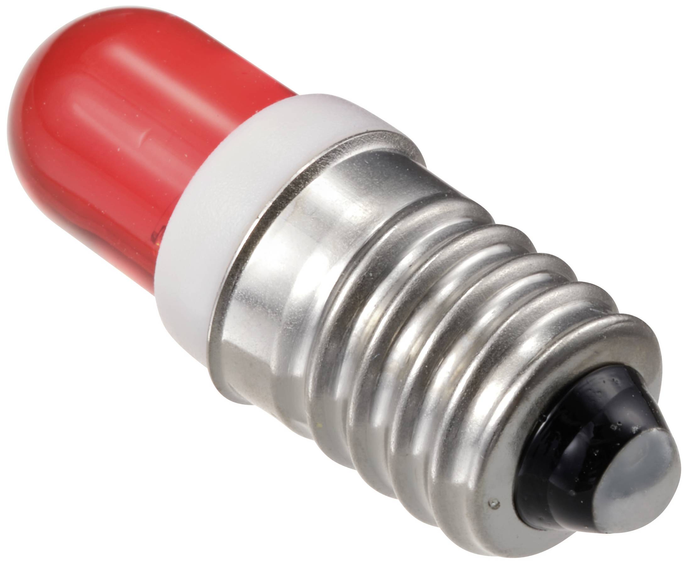 LED-Glühlampe mit roter Spitze und silberner Schraubfassung.