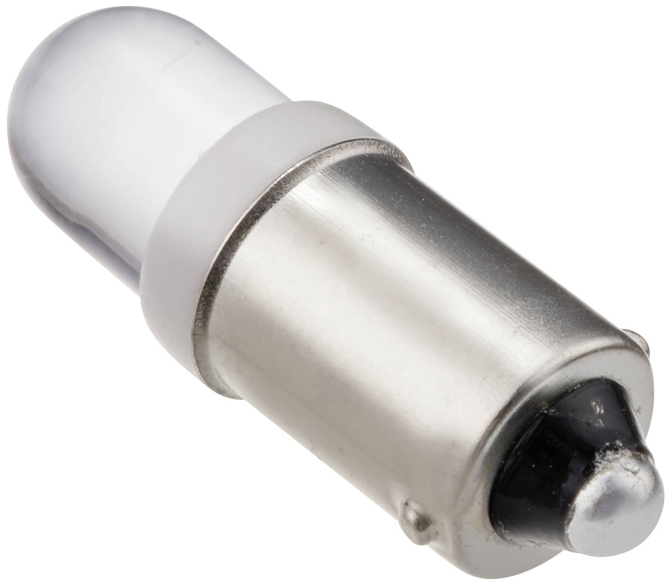 Ein silberner LED-Stift in Nahaufnahme, zylindrisch, mit schwarzer Spitze und transparenter Kunststoffabdeckung.